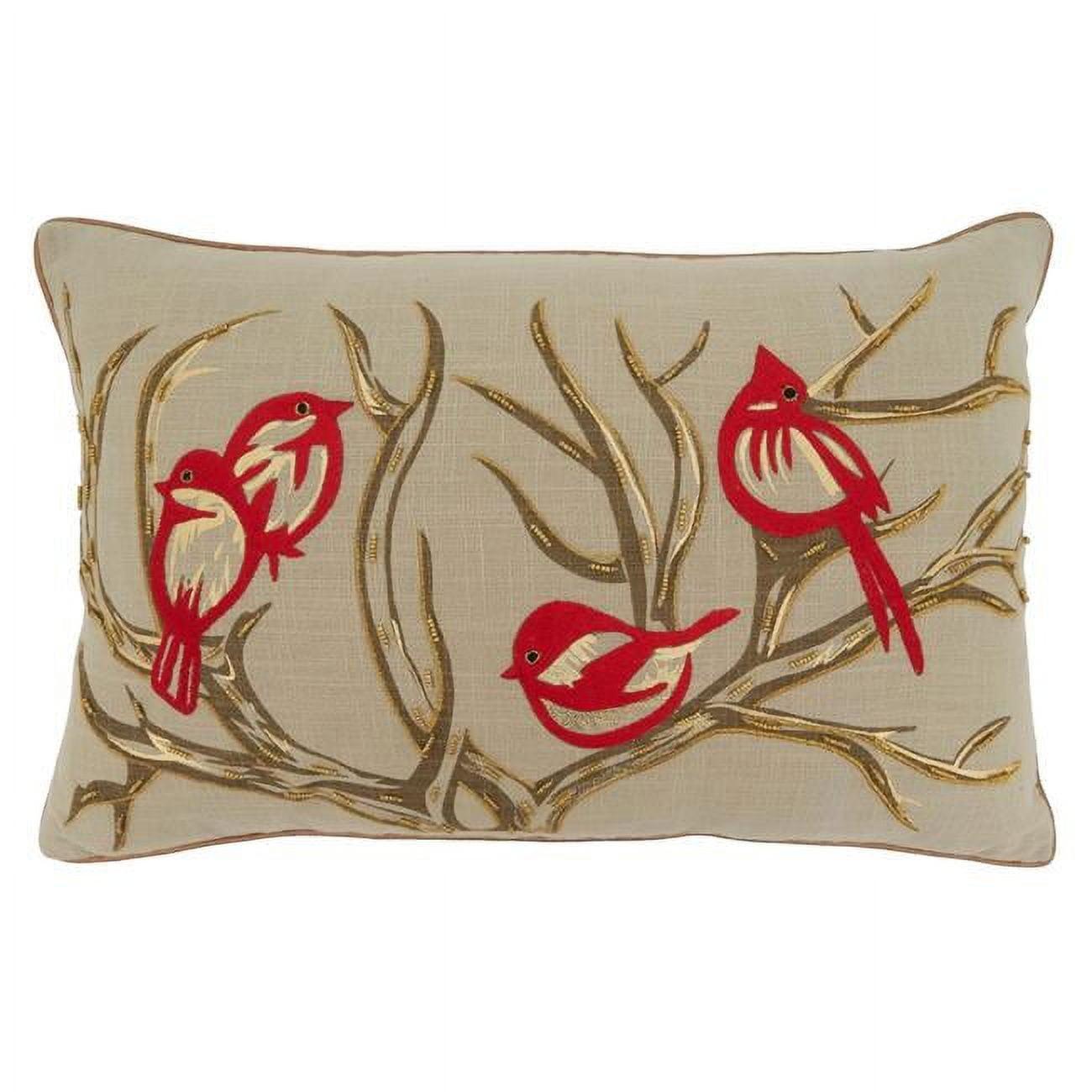 Natural Embroidered Bird and Branch Cotton Pillow Cover