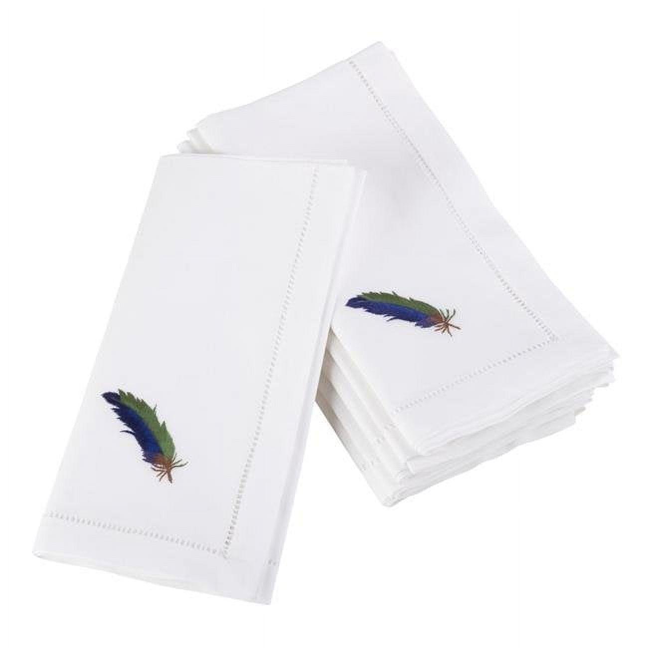 Saro Lifestyle Embroidered Blue Feather Design Hemstitched Trim Border Cotton Napkin (Set of 6), 20"x20", White