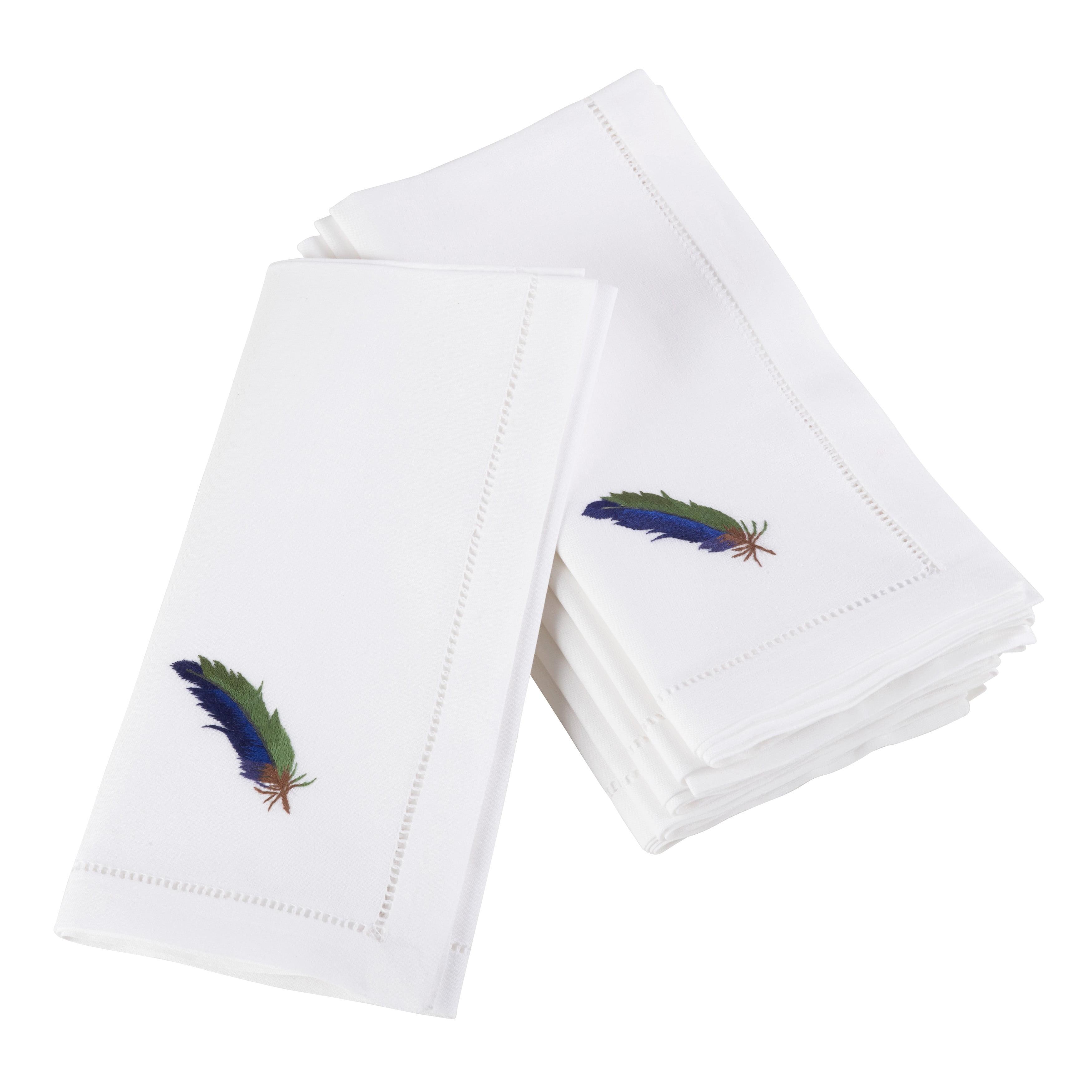 Saro Lifestyle Embroidered Blue Feather Design Hemstitched Trim Border Cotton Napkin (Set of 6), 20"x20", White