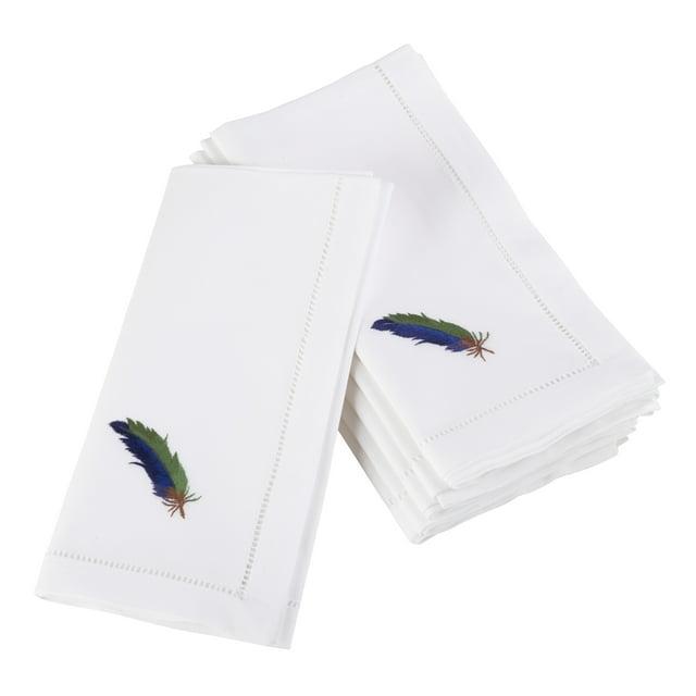 Saro Lifestyle Embroidered Blue Feather Design Hemstitched Trim Border Cotton Napkin (Set of 6), 20"x20", White