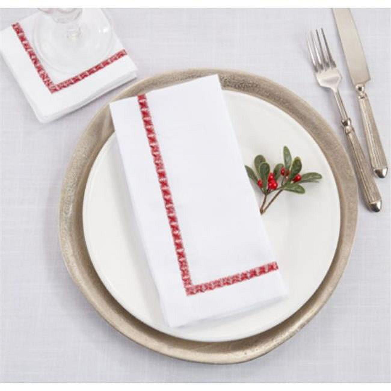 White Cotton Cocktail Napkins with Burgundy Embroidered Border, Set of 4