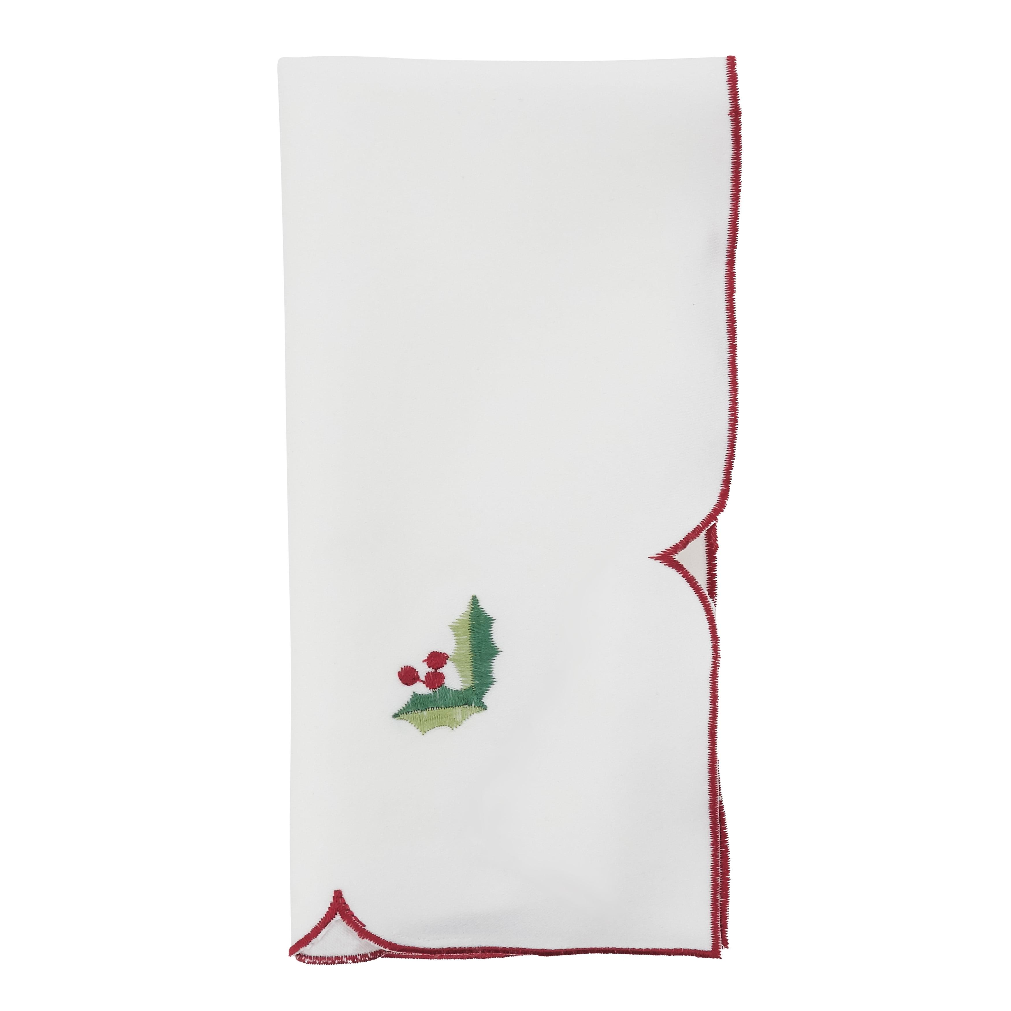 Ivory Embroidered Christmas Napkins with Holly Design, Set of 4