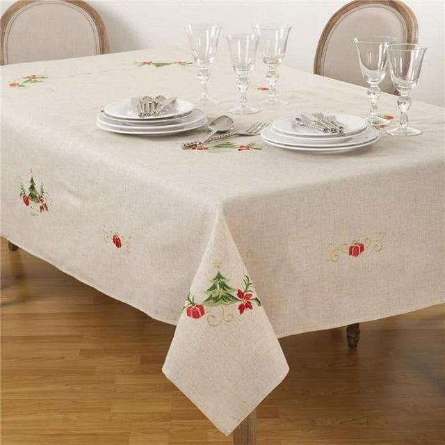 Saro Lifestyle Embroidered Christmas Tree Design Holiday Linen Blend Tablecloth, 67"x180", Beige