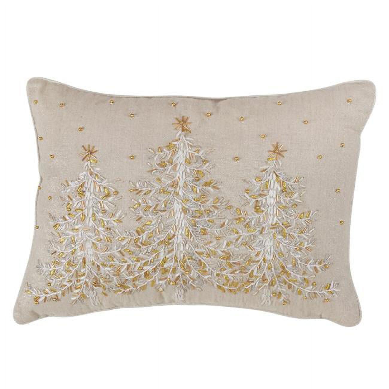 14"x20" Oversize Lumbar Embroidered Christmas Tree Throw Pillow Tan - Saro Lifestyle: Golden Beads, Festive Decor