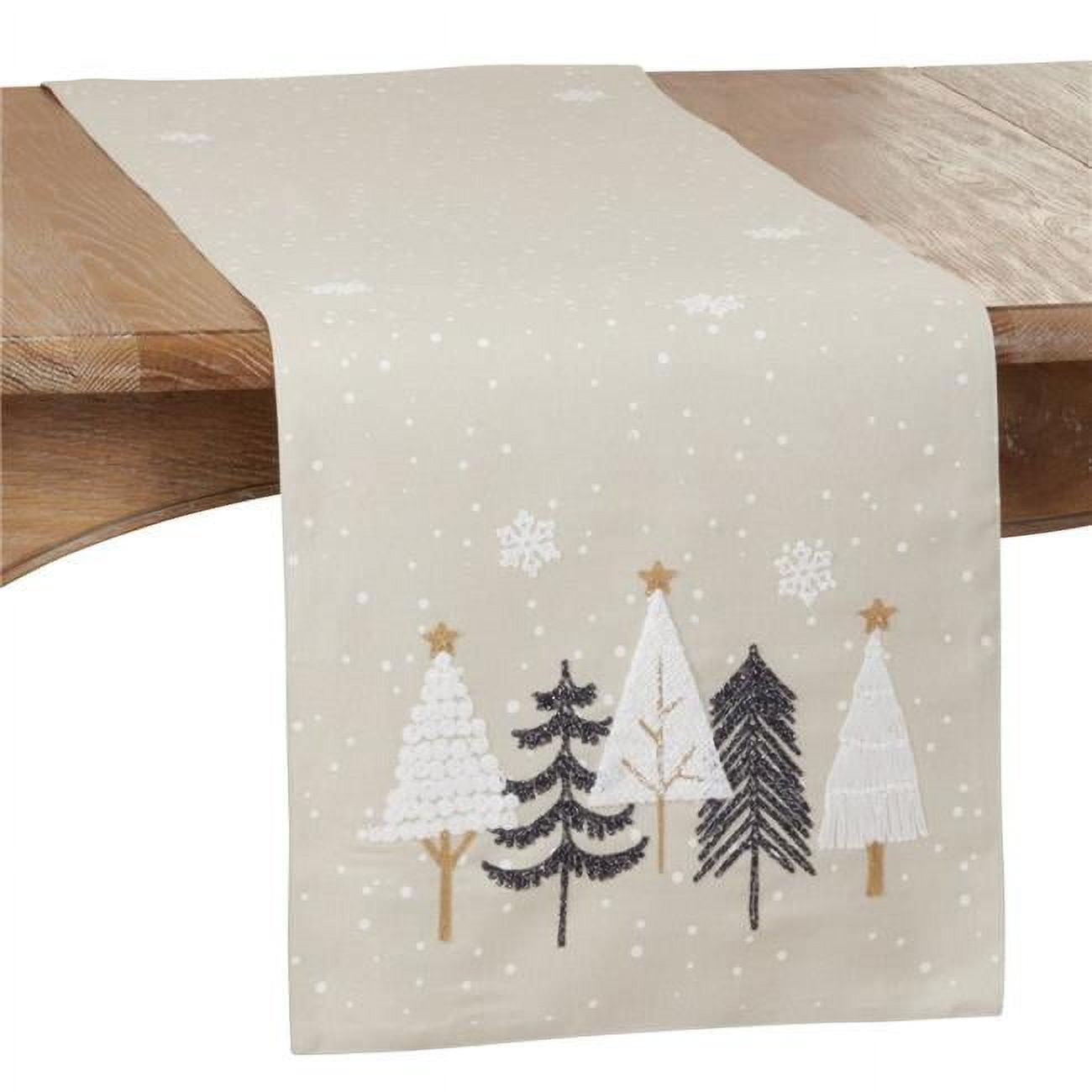 Embroidered Beige Christmas Trees Polyester Table Runner