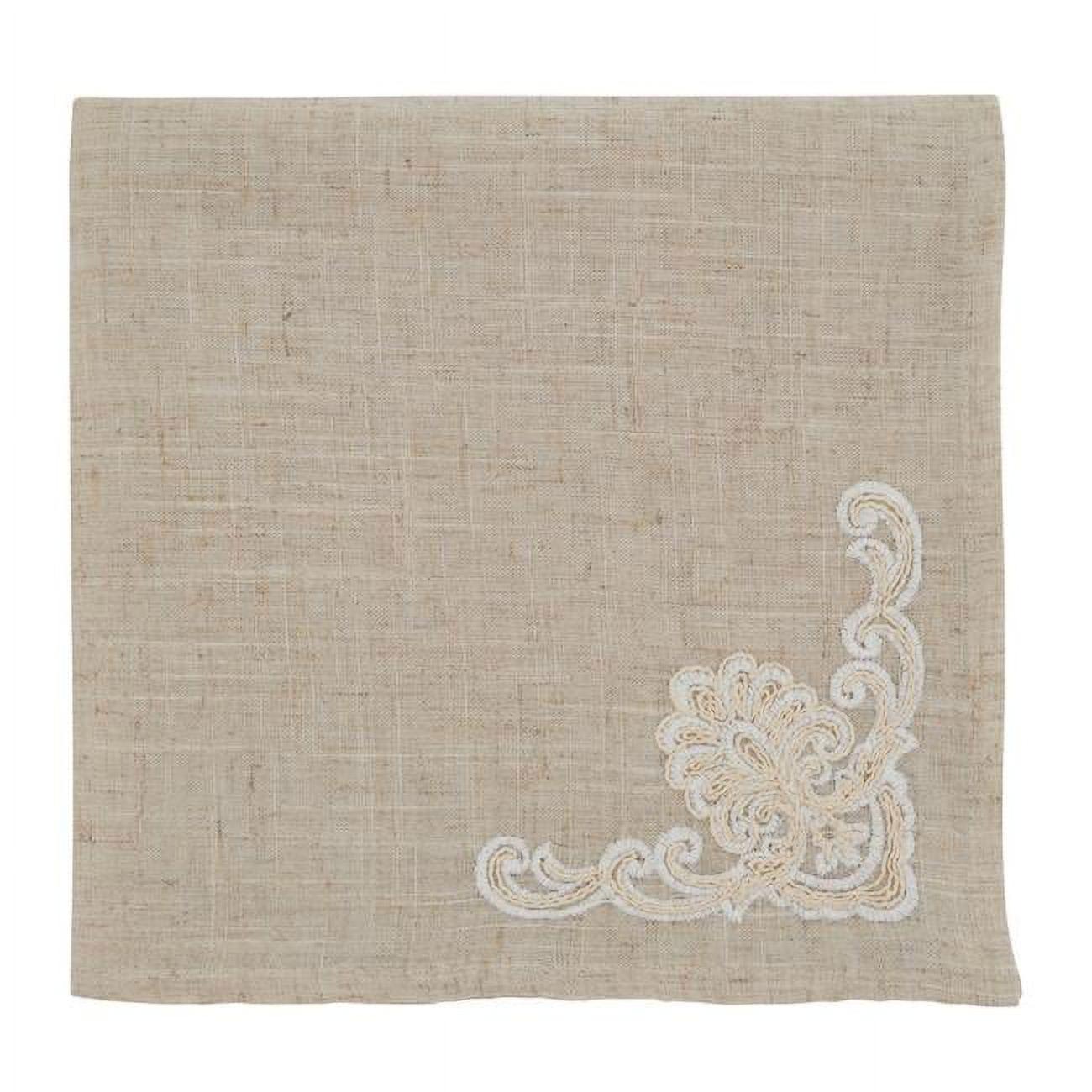 Natural Linen Blend Embroidered Table Napkins, Set of 4