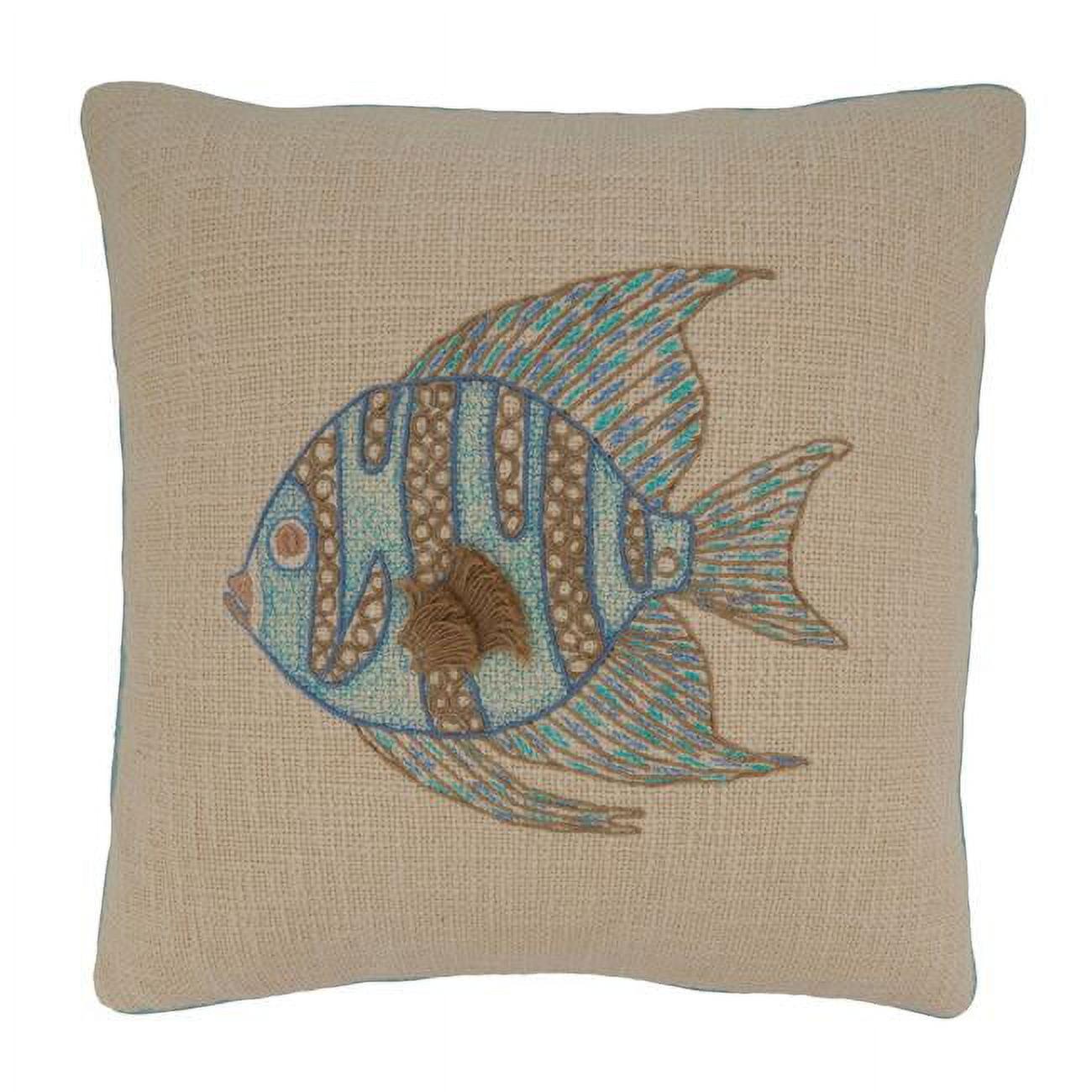 Saro Lifestyle Embroidered Fish Pillow - Down Filled, 18" Square, Aqua