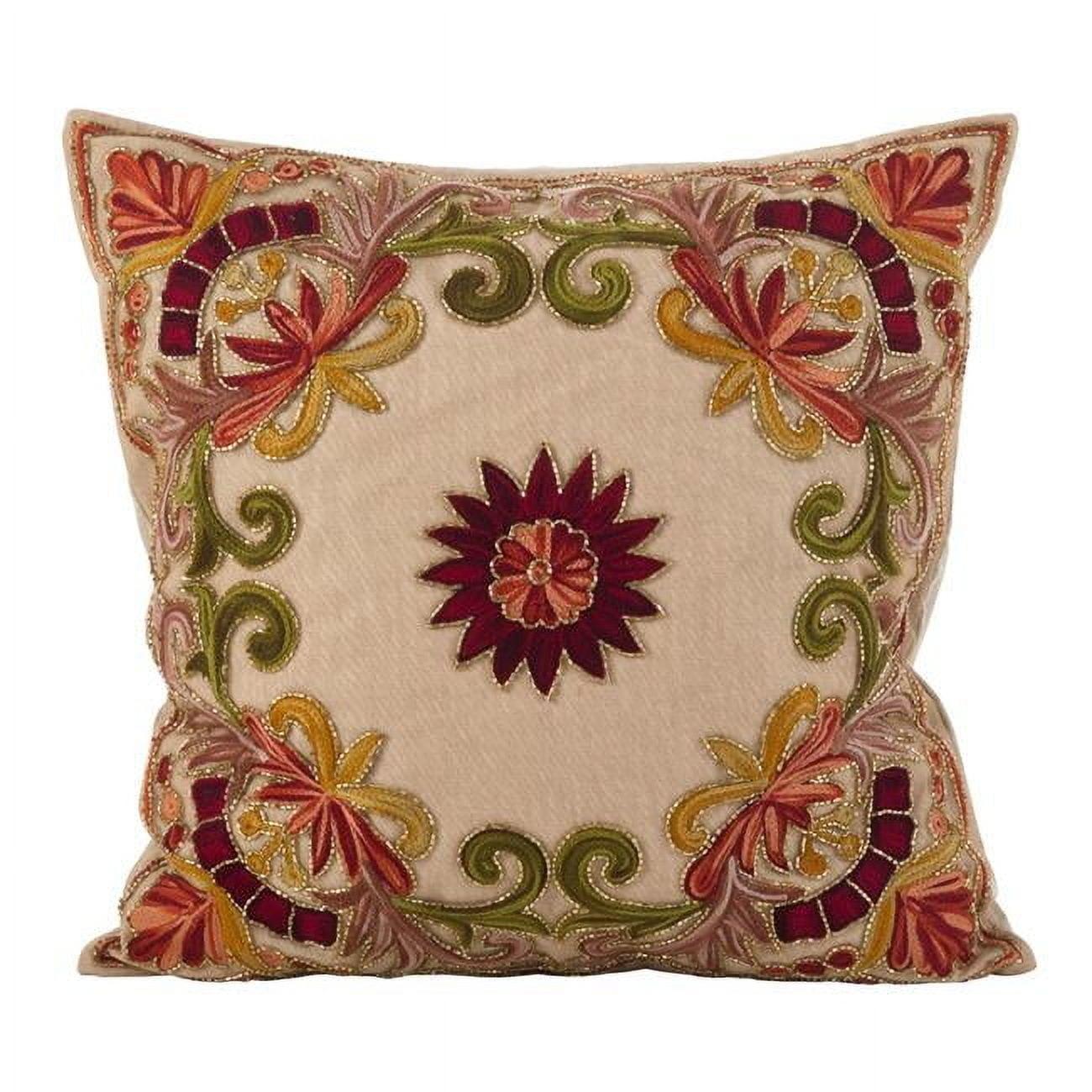 Saro Lifestyle Embroidered Floral Design Beaded Cotton Poly Filled Throw Pillow, Multi, 18" x 18"