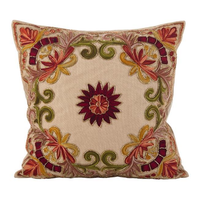 Embroidered Floral Beaded Cotton Throw Pillow, 18" Multi-Color