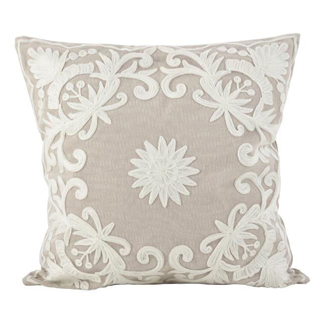 Ivory Embroidered Floral Cotton Poly Square Throw Pillow