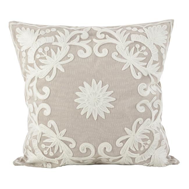 Saro Lifestyle Embroidered Floral Design Cotton Poly Filled Throw Pillow, Ivory, 18" x 18"