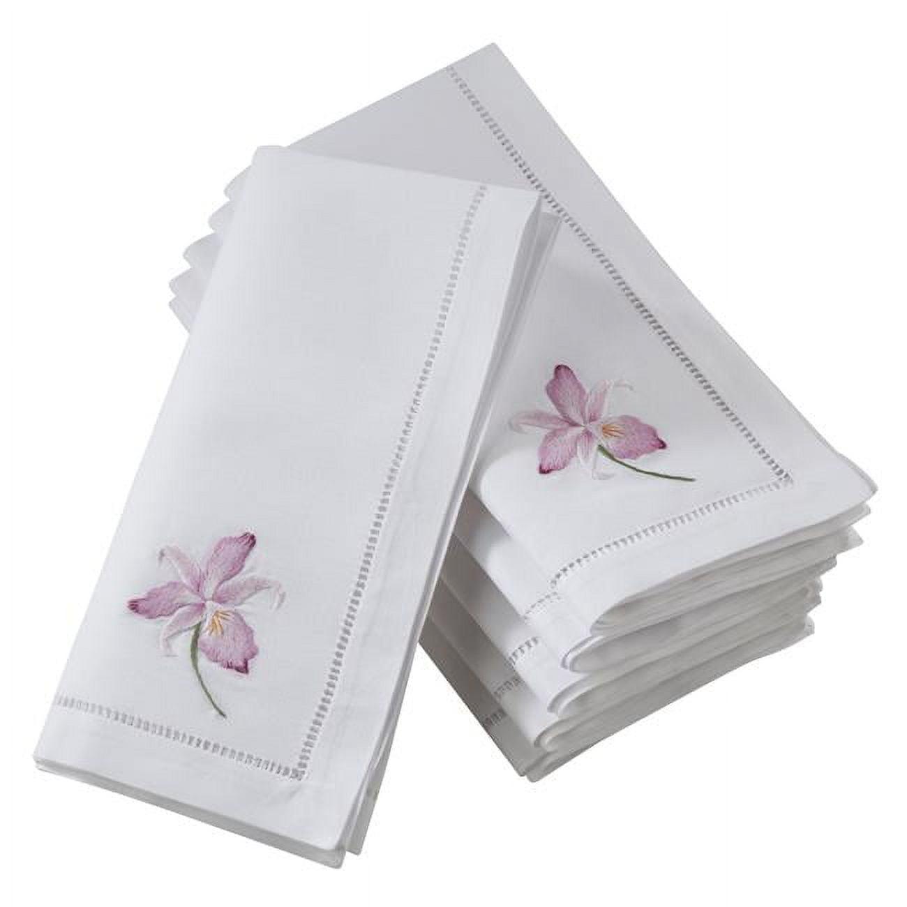 Saro Lifestyle Embr'd Fuchsia Orchid Hemstitch Napkin, 20" Square, White (Set of 6)