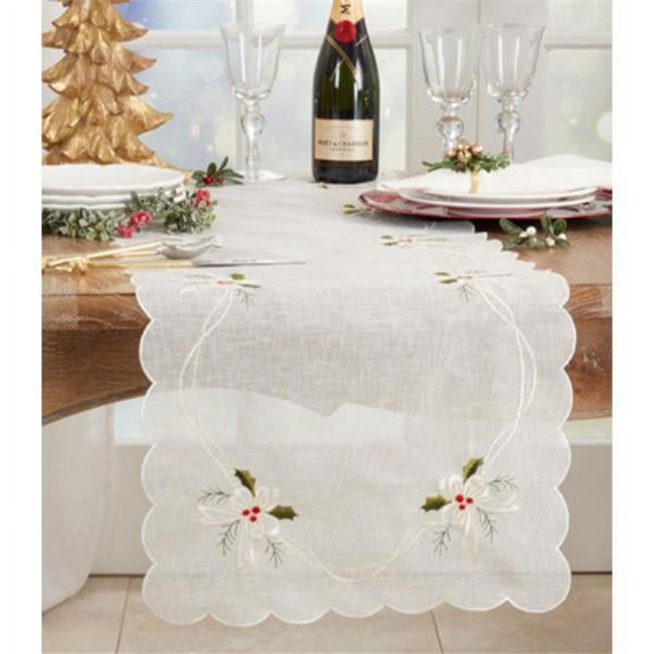 White Polyester Table Runner with Embroidered Holly and Ribbon Design