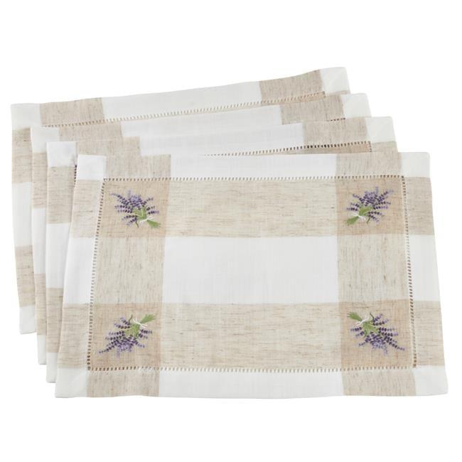 Saro Lifestyle Embroidered Lavender Hemstitch Placemat, 14"x19" Oblong, Ivory (Set of 4)