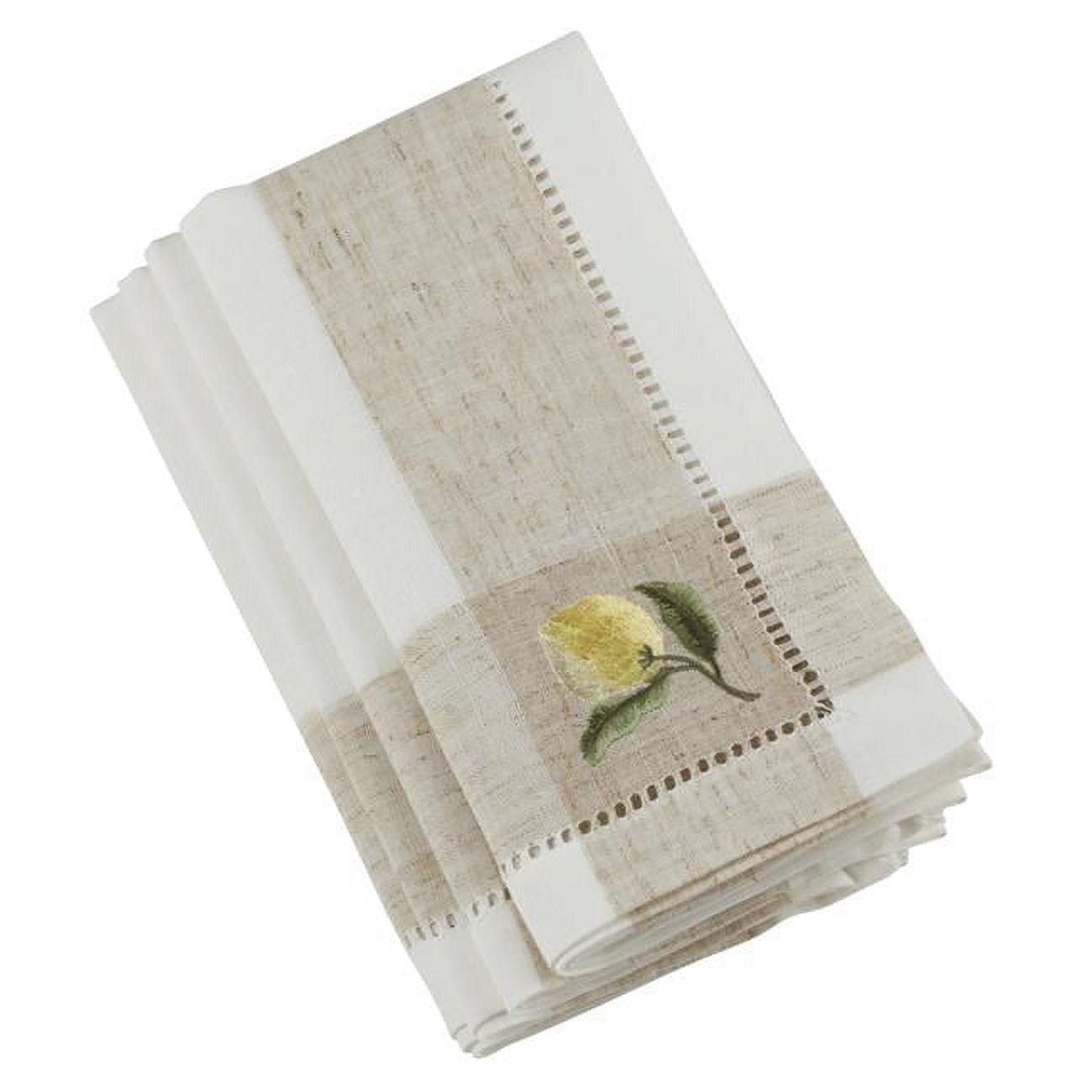 Ivory Hemstitched Napkins with Embroidered Lemon Design, Set of 4