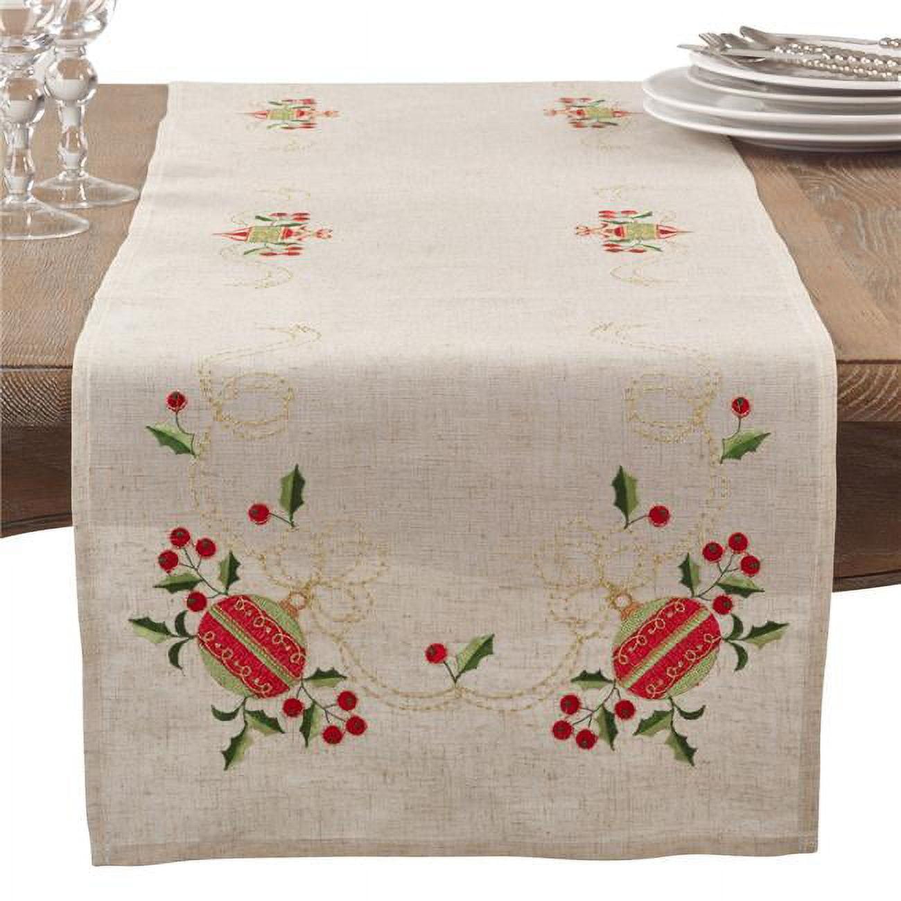 Saro Lifestyle Embroidered Ornament Holly Design Holiday Linen Blend Table Runner