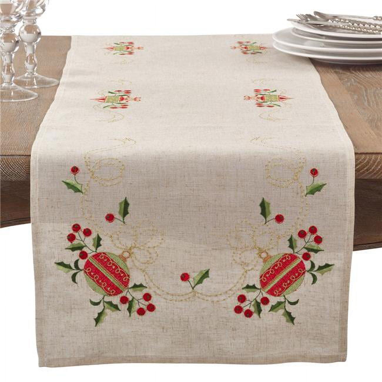 Cream Rustic Floral Embroidered Linen Blend Table Runner