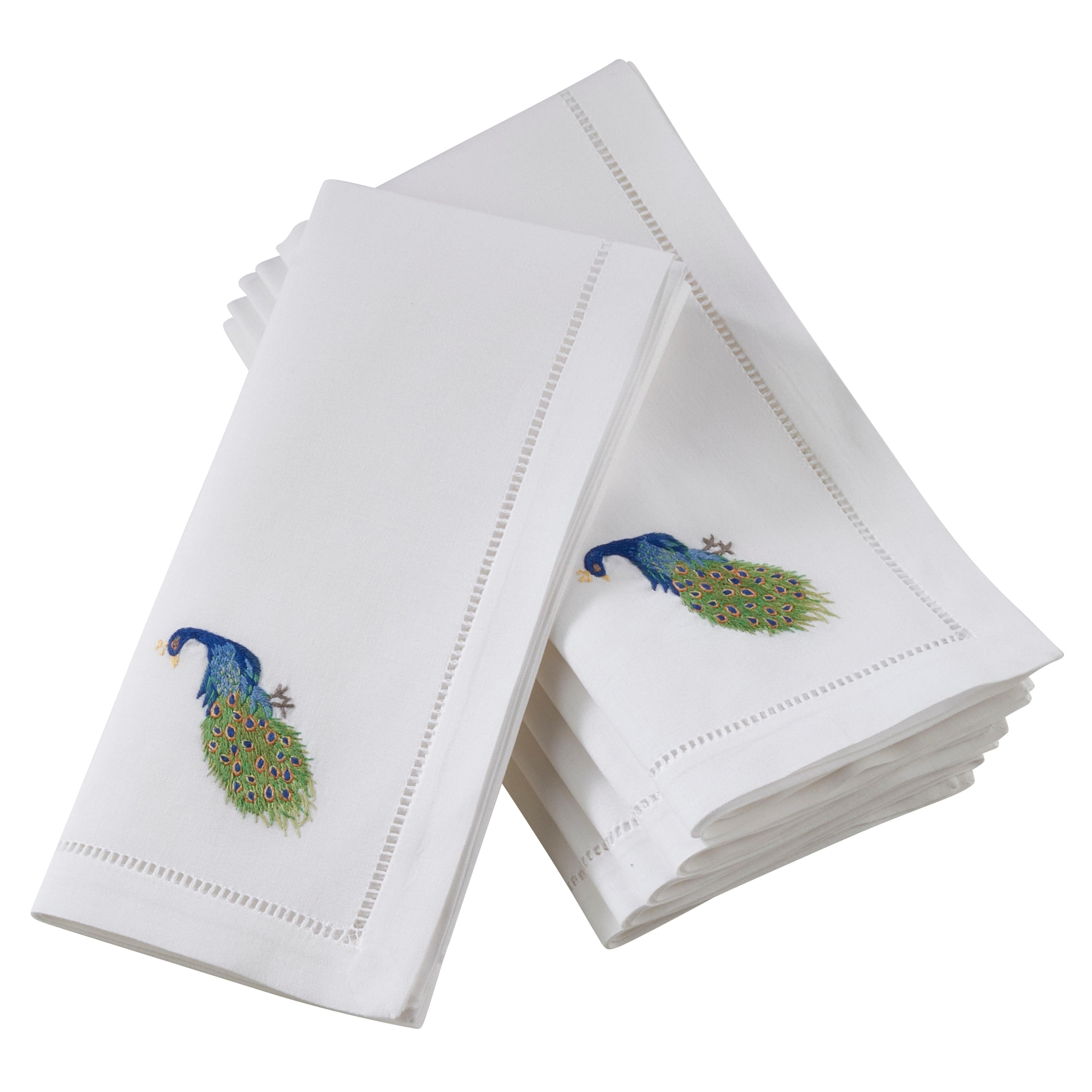 Saro Lifestyle Embr'd Peacock Hemstitch Napkin, 20" Square, White (Set of 6)