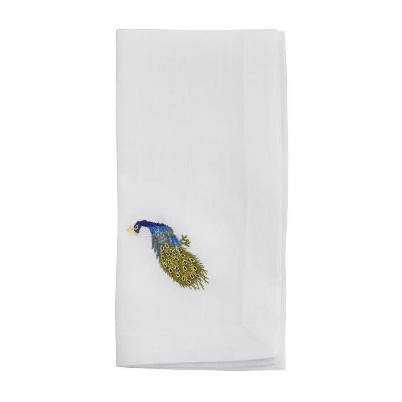 White Polyester Napkins with Embroidered Peacock Design, Set of 4