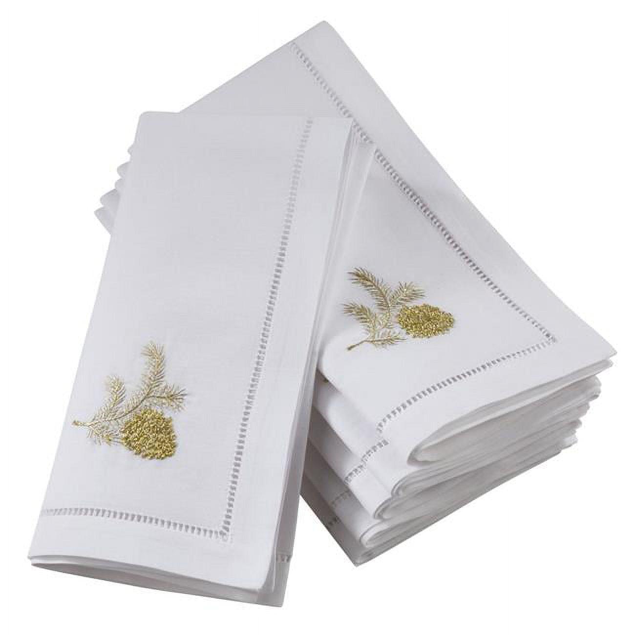 White Cotton Hemstitch Napkins with Pine Cone Embroidery, Set of 6