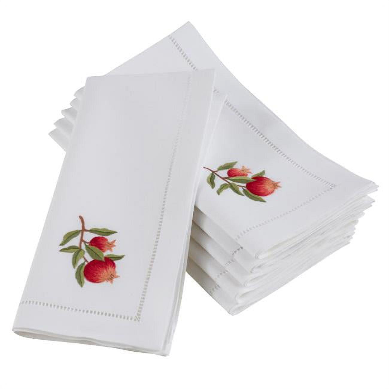 White Cotton Embroidered Pomegranate Table Napkins, 20" x 20", Set of 6