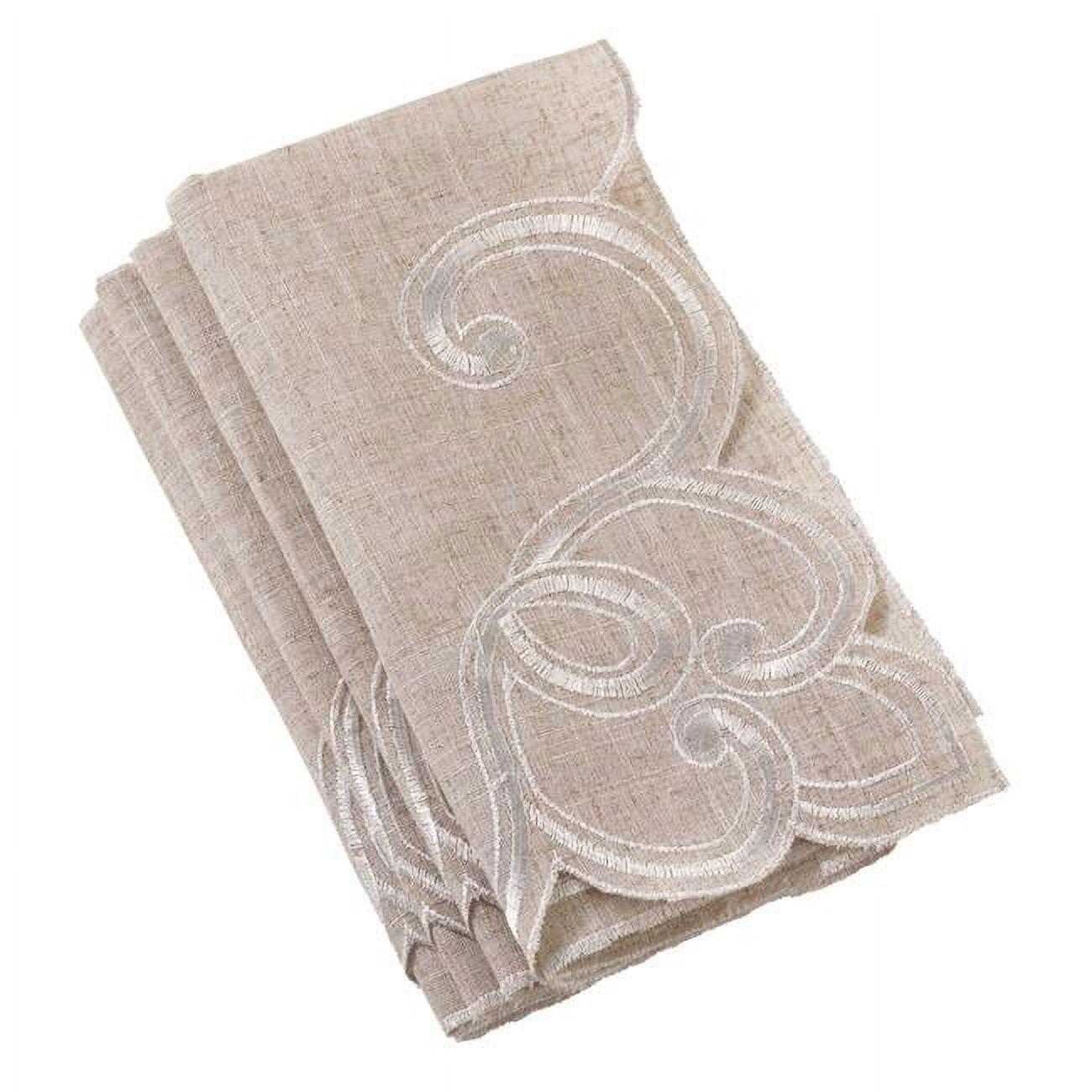 Saro Lifestyle Embroidered Flourish Scallop Design Casual Linen Blend Napkin - Set of 4, 20", Beige