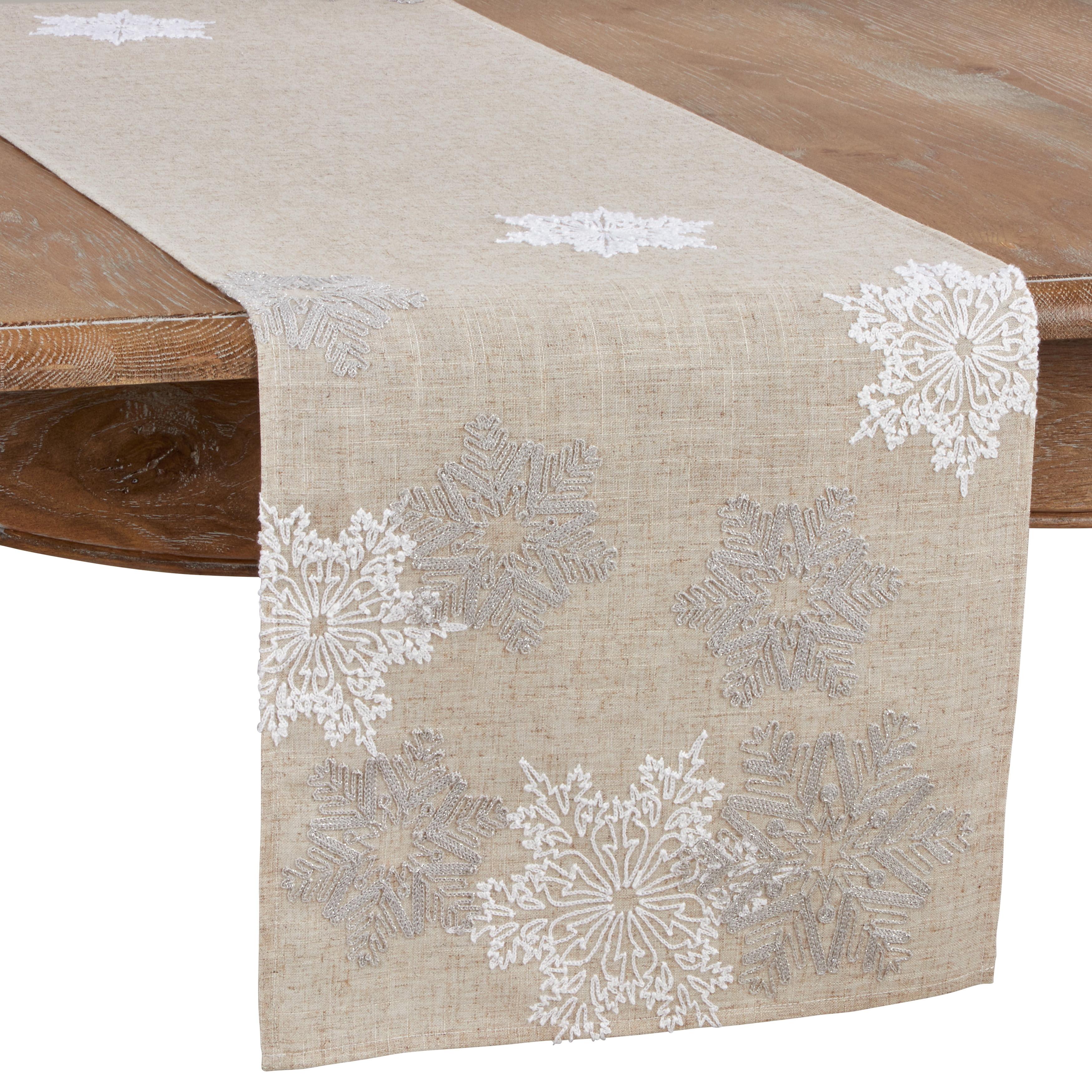 Natural Embroidered Snowflake Polyester Winter Table Runner