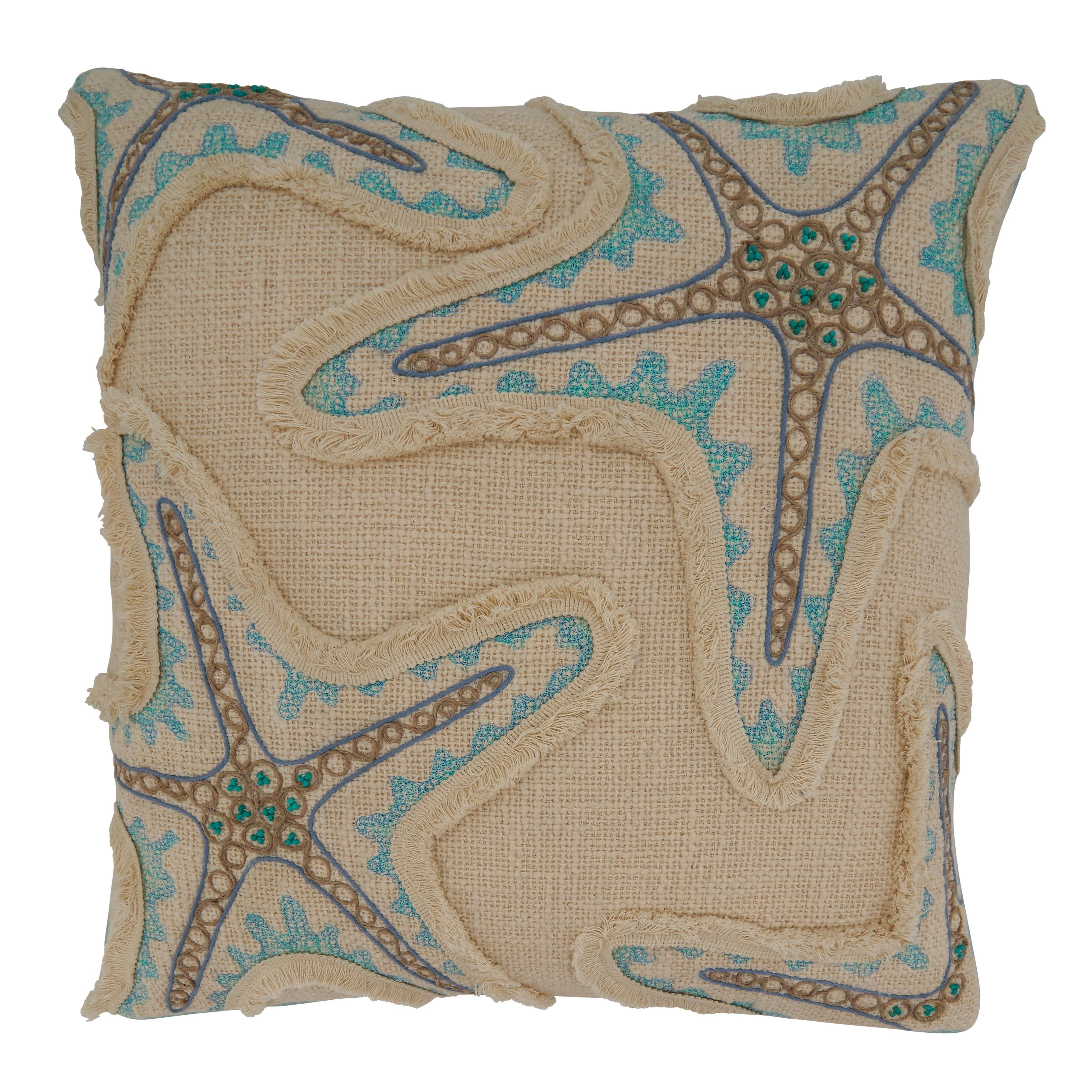 Aqua Embroidered Starfish Cotton Square Pillow