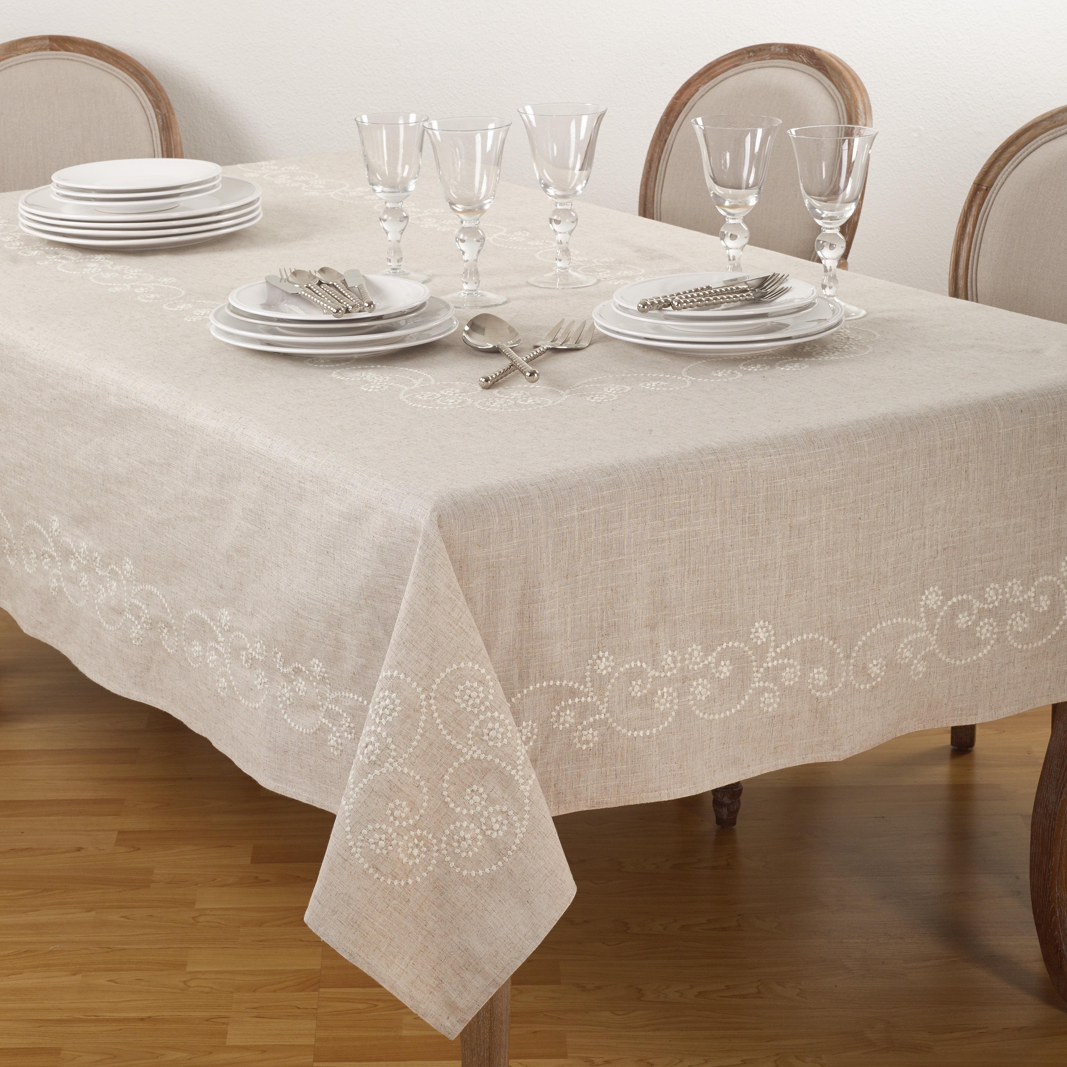 Natural Linen Blend Rectangular Embroidered Tablecloth