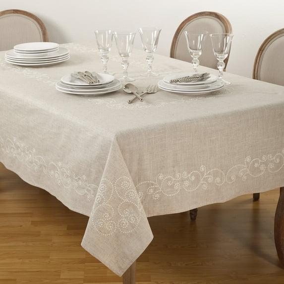 Saro Lifestyle Embroidered Swirl Natural Linen Blend Tablecloth, Natural, 67"x180",