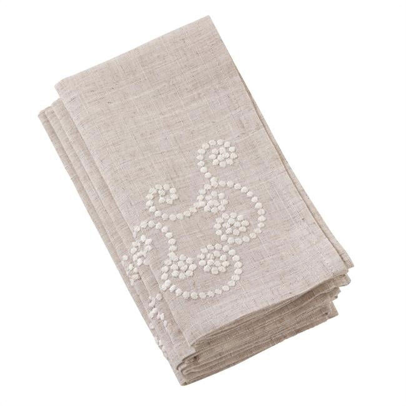 Natural Linen Blend Napkins with Embroidered Swirl Design, Set of 4