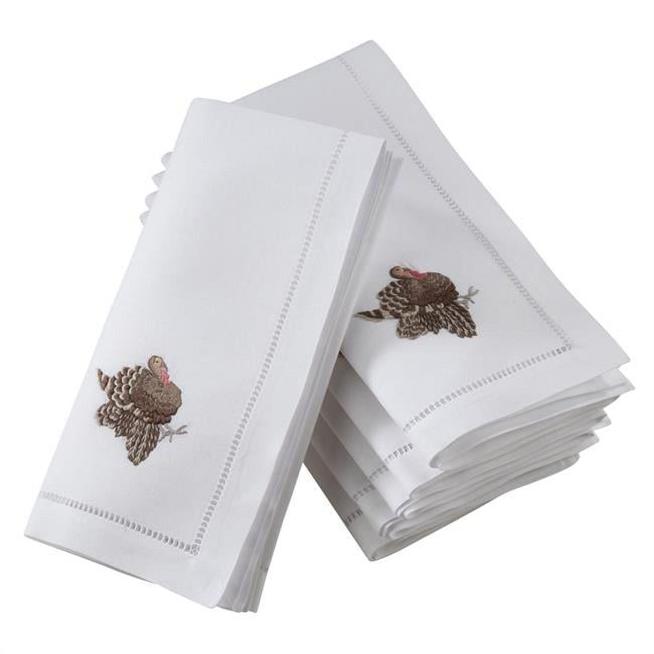 White Cotton Hemstitch Napkins with Embroidered Turkey Design, Set of 6