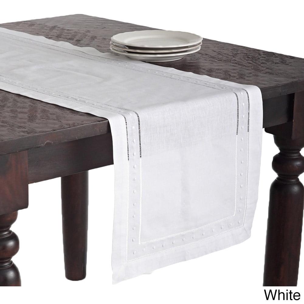 Saro Lifestyle Embroidered and Hemstitch Runner, White, 16" x 72"