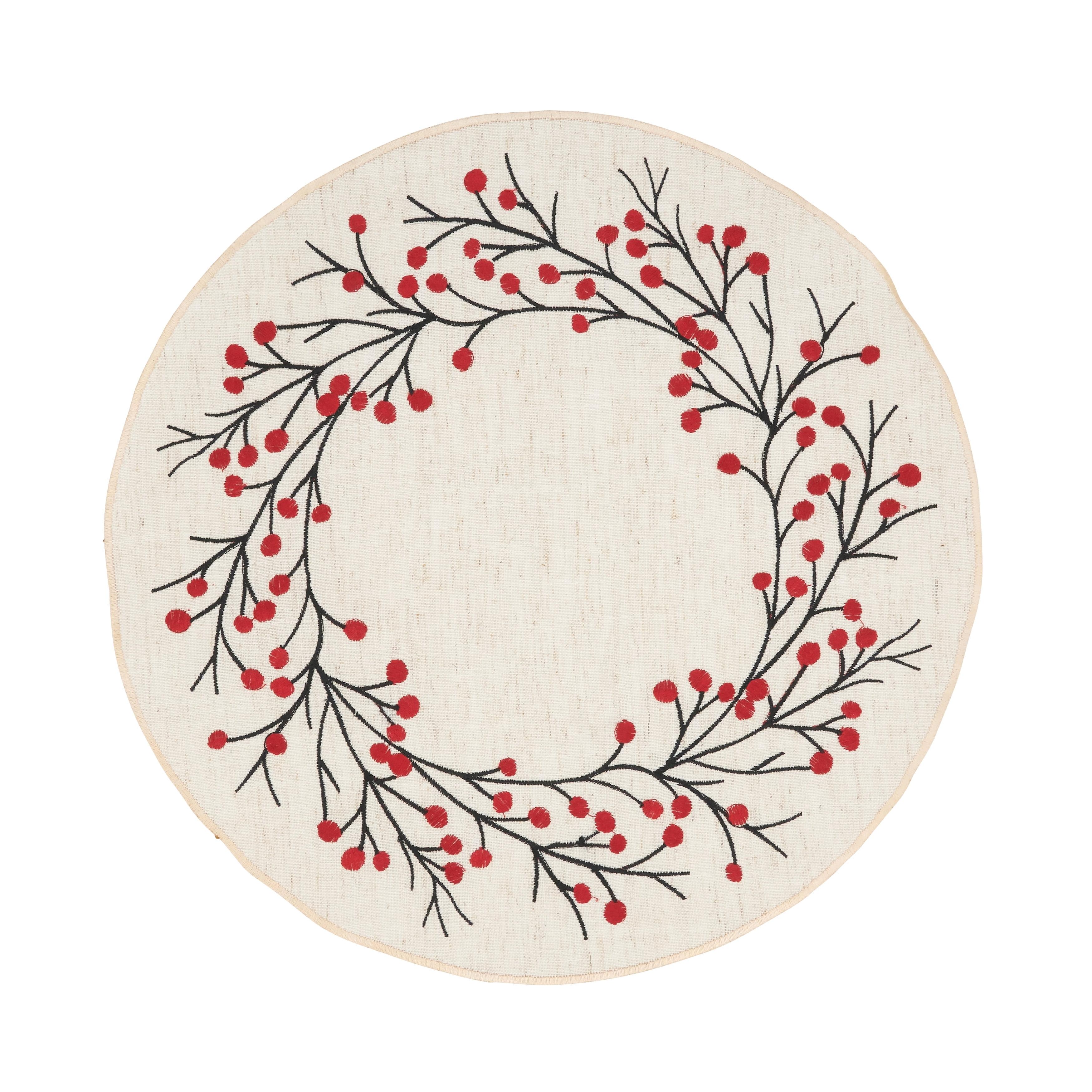 Festive Embroidered Berry Round Fabric Placemats, Set of 4