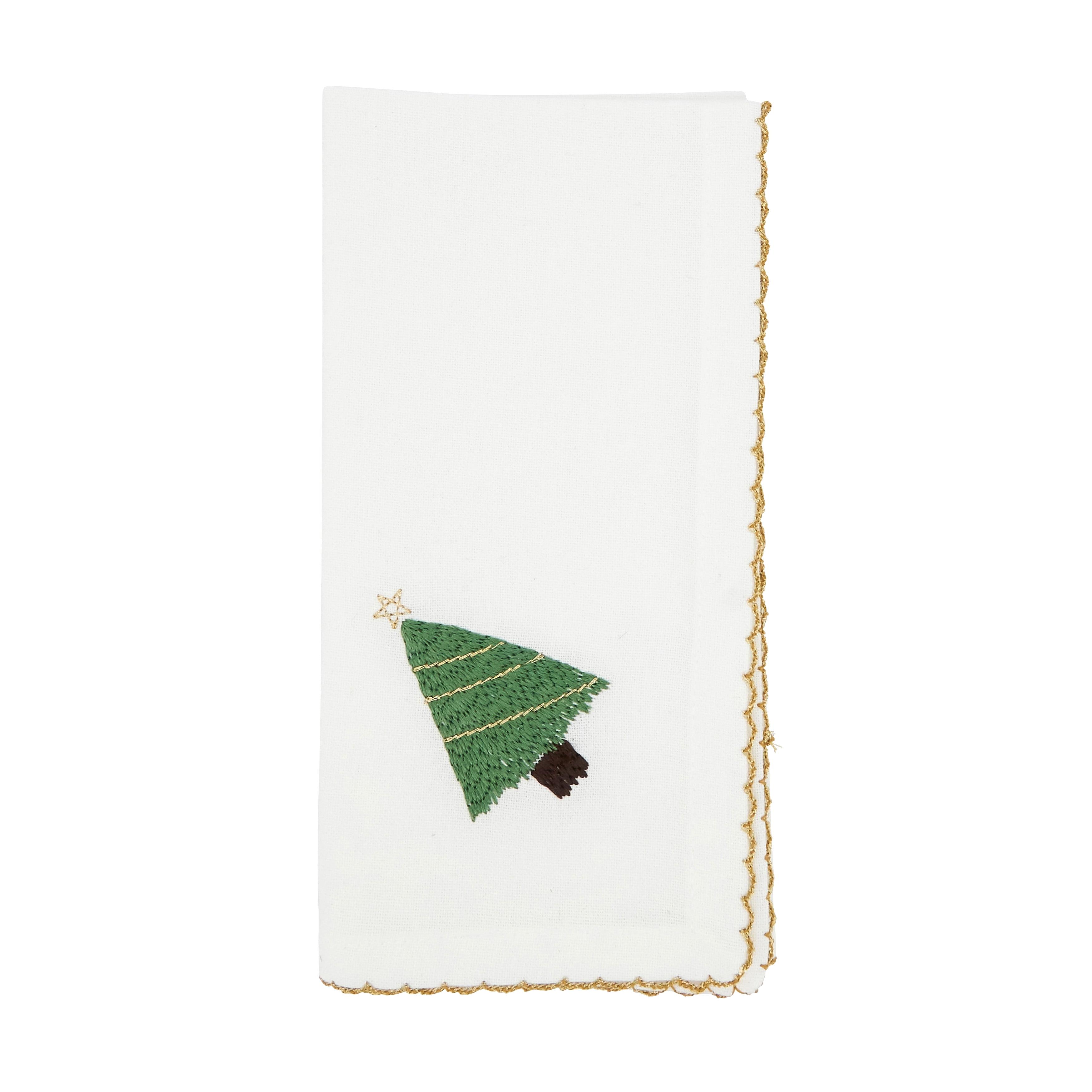 White Cotton Christmas Tree Embroidered Napkins, Set of 4