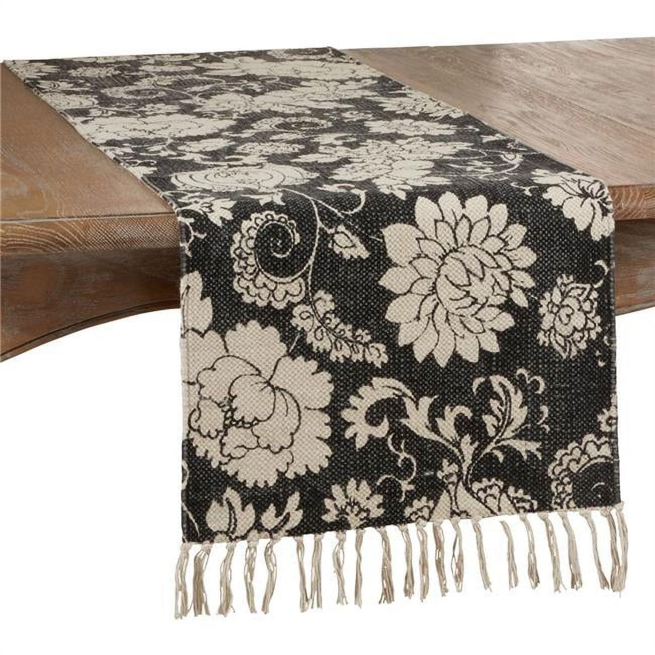 Saro Lifestyle Floral Table Runner With Fringed Design, 16"x72", Black