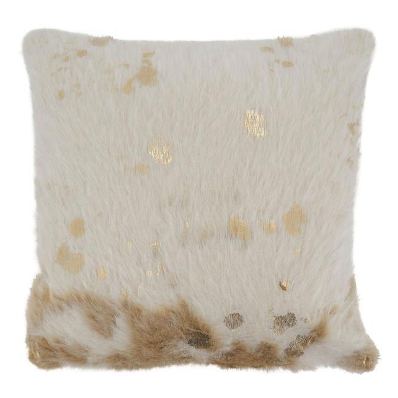 Ivory and Gold Faux Cow Hide Square Throw Pillow