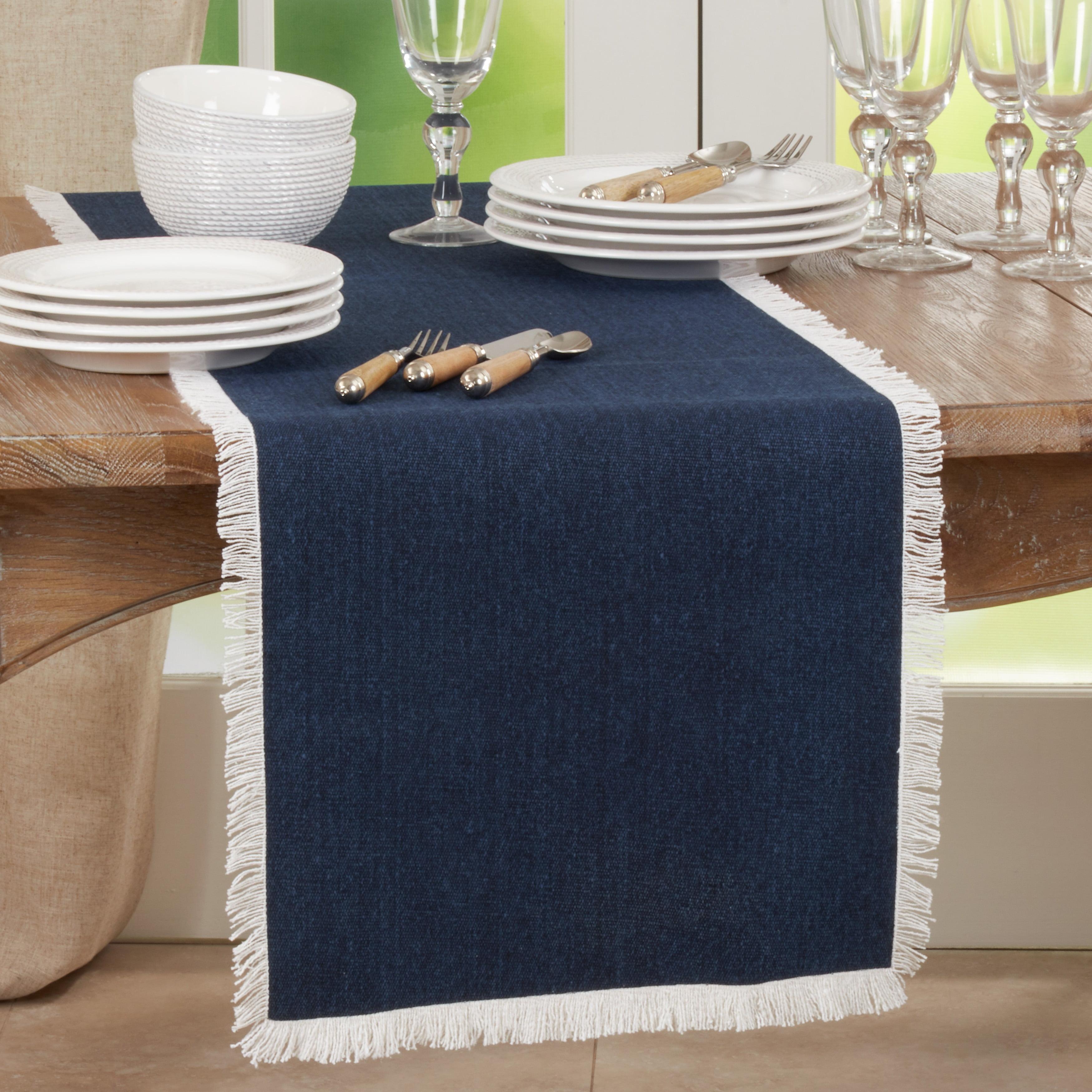 Saro Lifestyle Dining Table Runner With Fringe Borders, Navy Blue, 16" x 72"