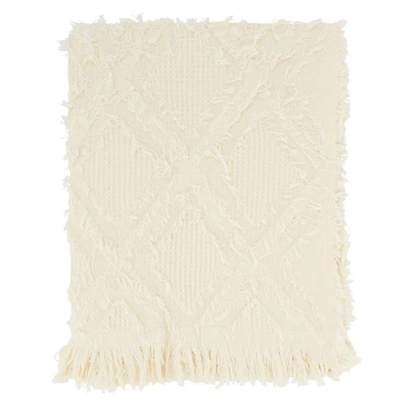Saro Lifestyle Throw Blanket With Fringe Waffle Weave Design, Ivory, 50x60 inches