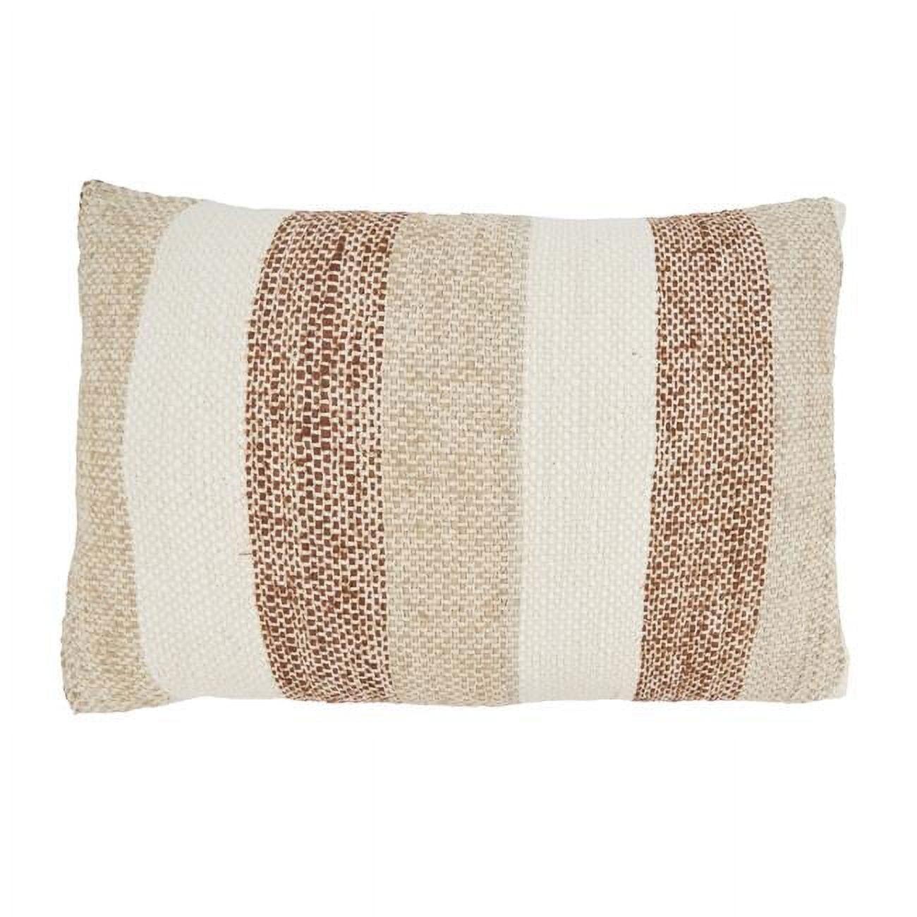 Beige and Natural Striped Cotton Throw Pillow with Fringe, 16"x24"