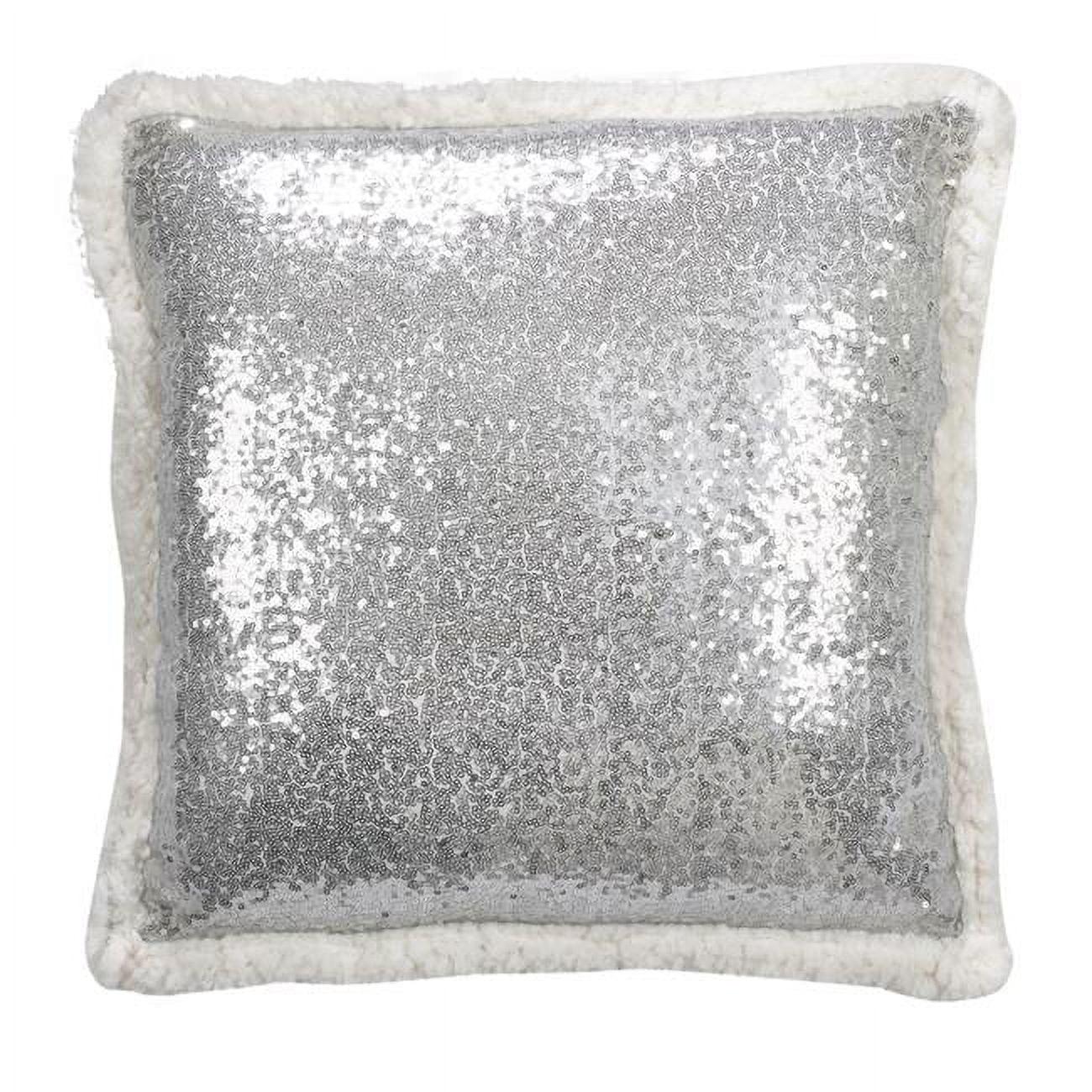 18"x18" Poly Filled Sequin & Faux Shearling Square Throw Pillow Silver - Saro Lifestyle: Modern Indoor Decor, Zipper Closure