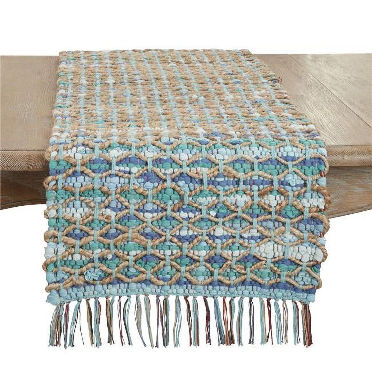 Saro Lifestyle Handwoven Net Chindi Table Runner, Blue, 16"x72"