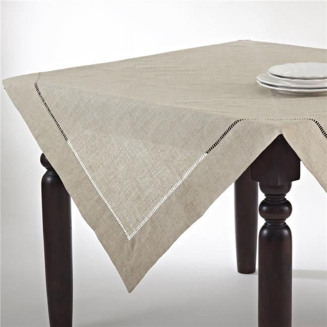 Natural Poly-Linen Blend Square Tablecloth with Hemstitch Border