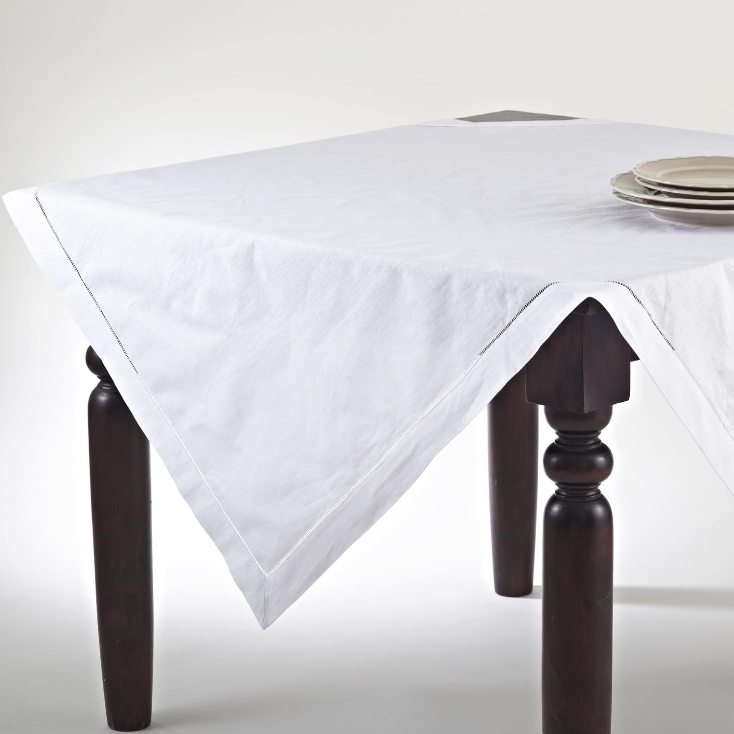 White Hemstitched Cotton Linen Square Tablecloth