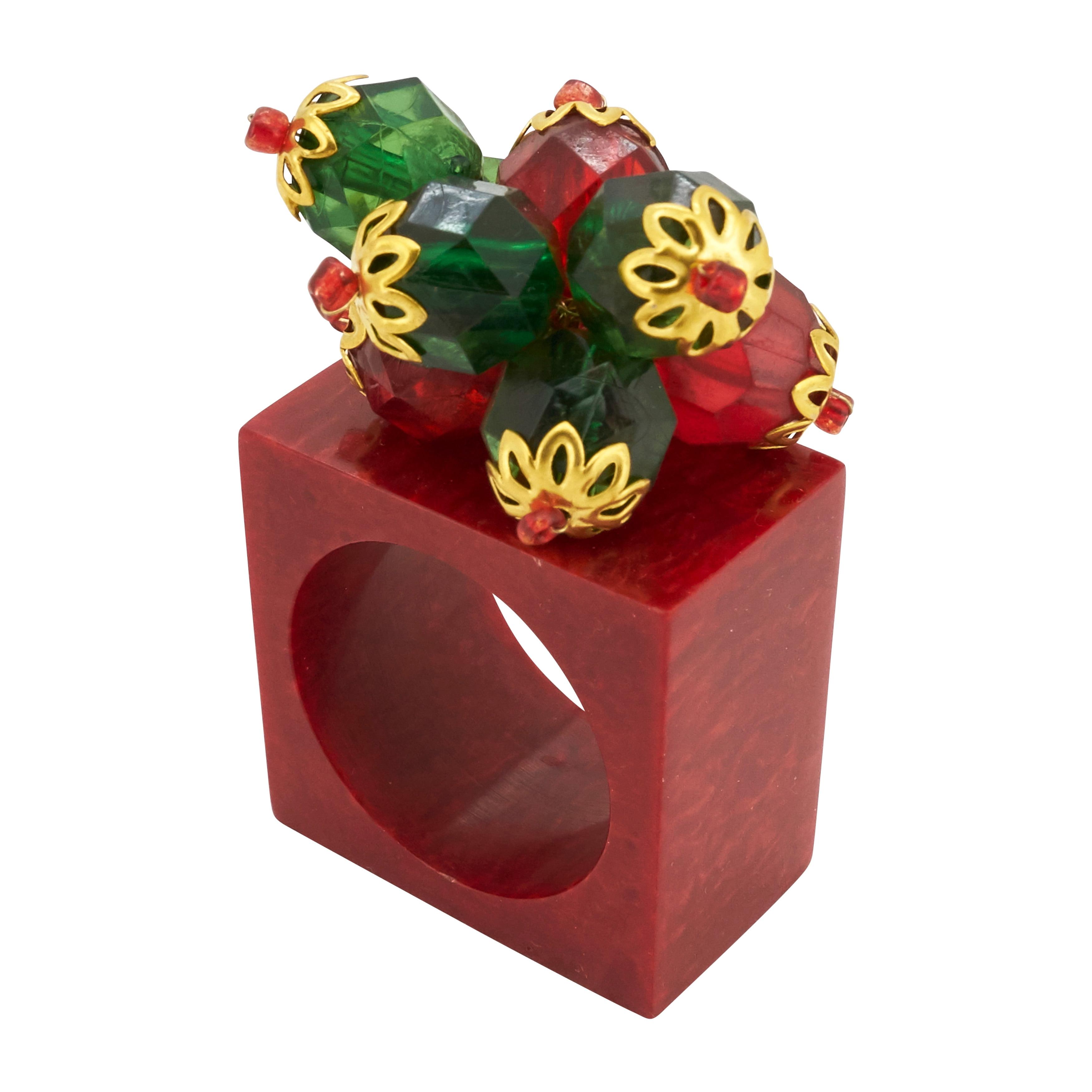 Festive Red and Green Square Beaded Napkin Rings, Set of 4