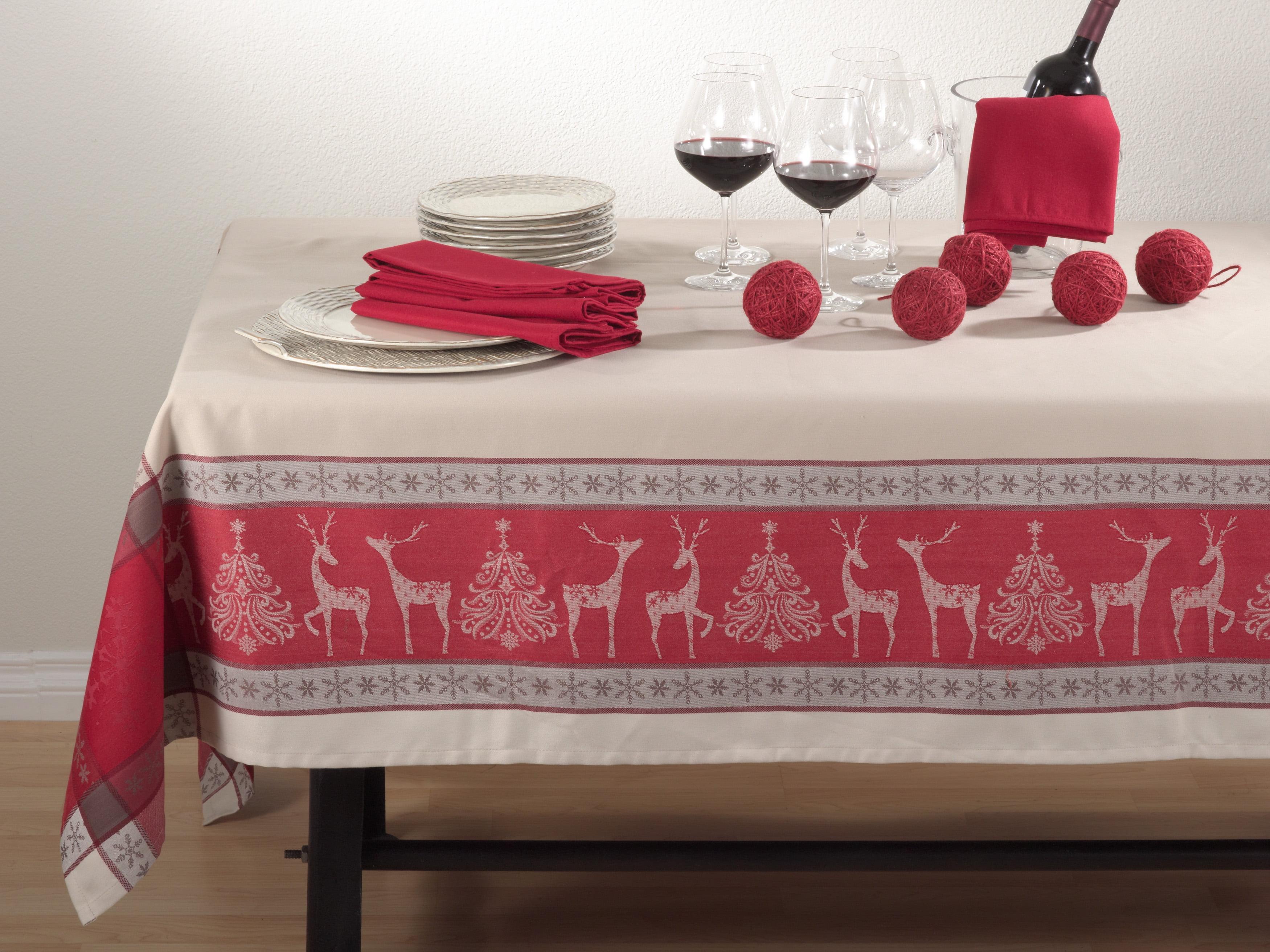 Red and Beige Jacquard Christmas Tablecloth with Reindeer Design