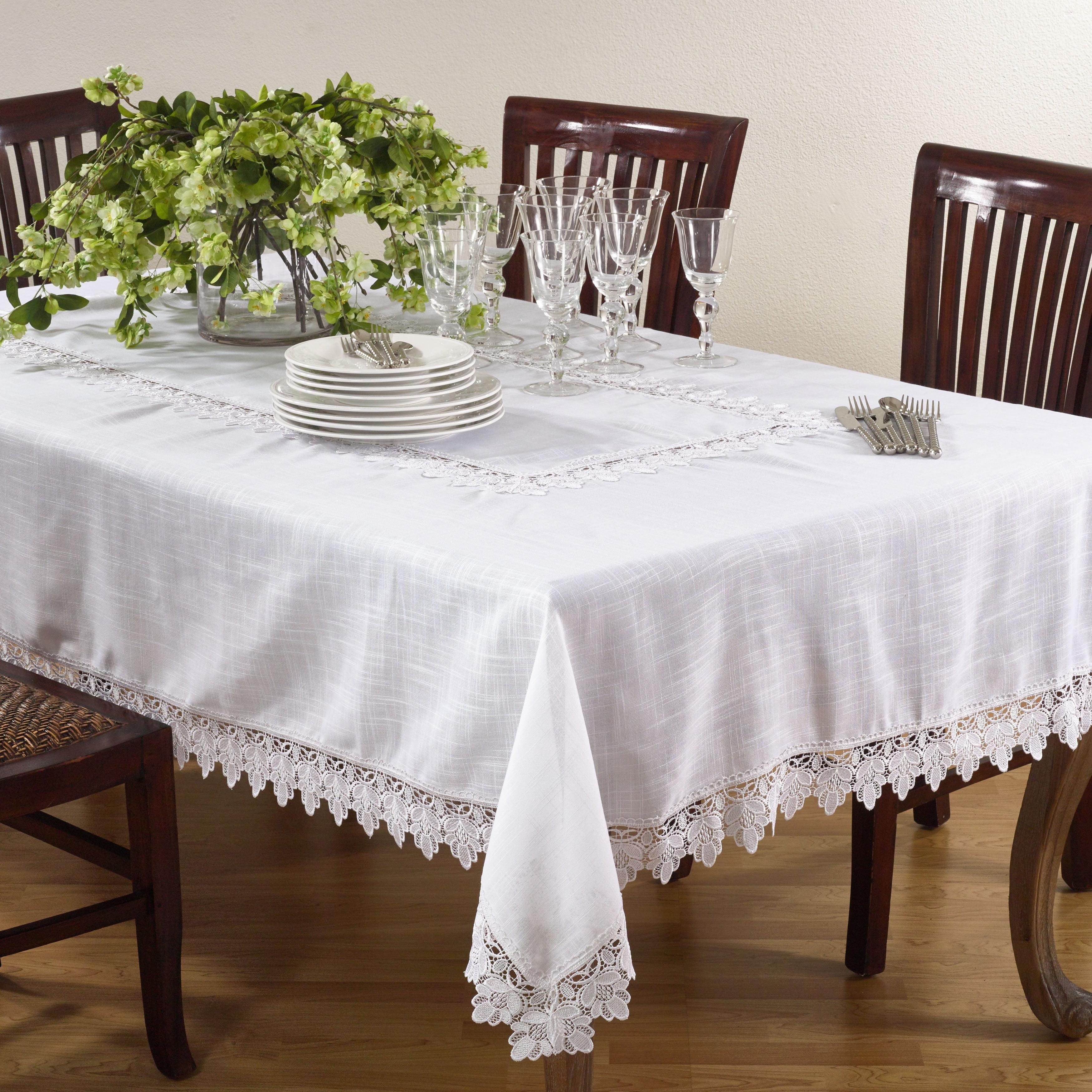 Saro Lifestyle Lace Trimmed Tablecloth, Taupe, 65" x 180"