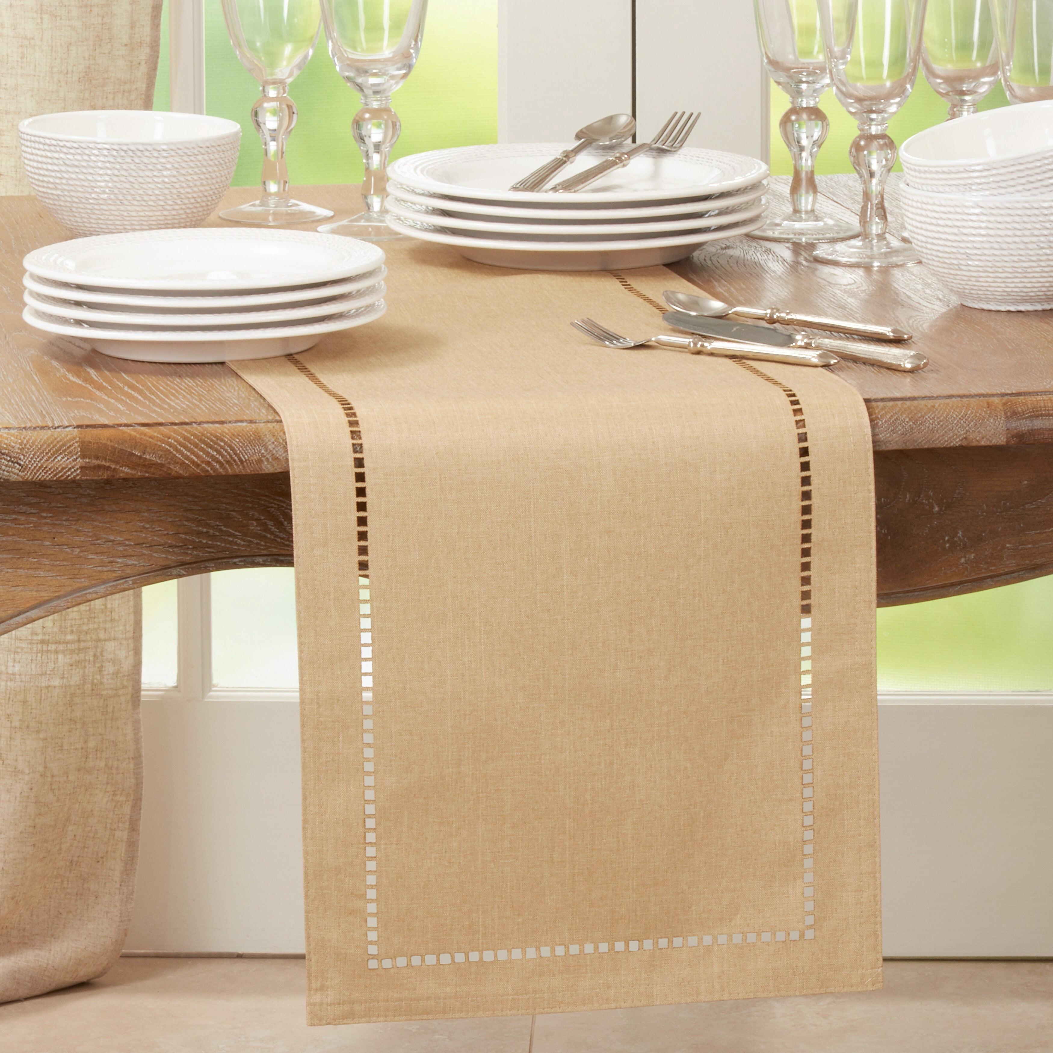 Saro Lifestyle Dining Table Runner With Laser-Cut Hemstitch Design, Natural, 14" x 72"