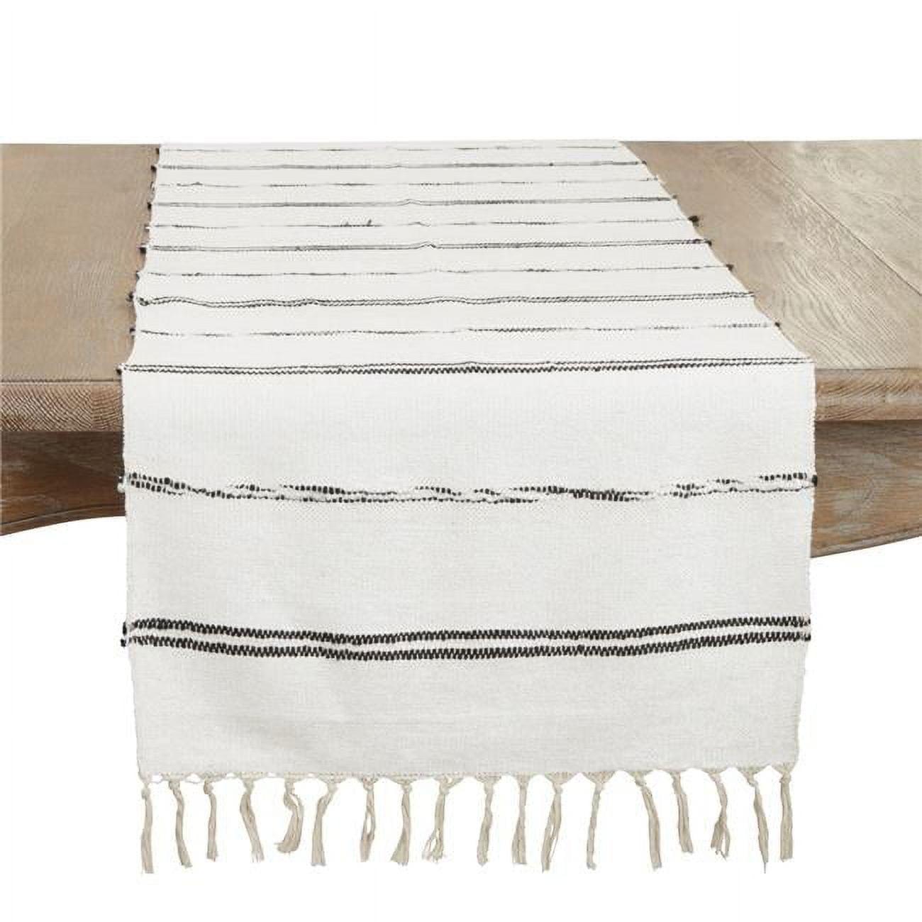 White Cotton Striped Table Runner with Fringe, 16"x72"