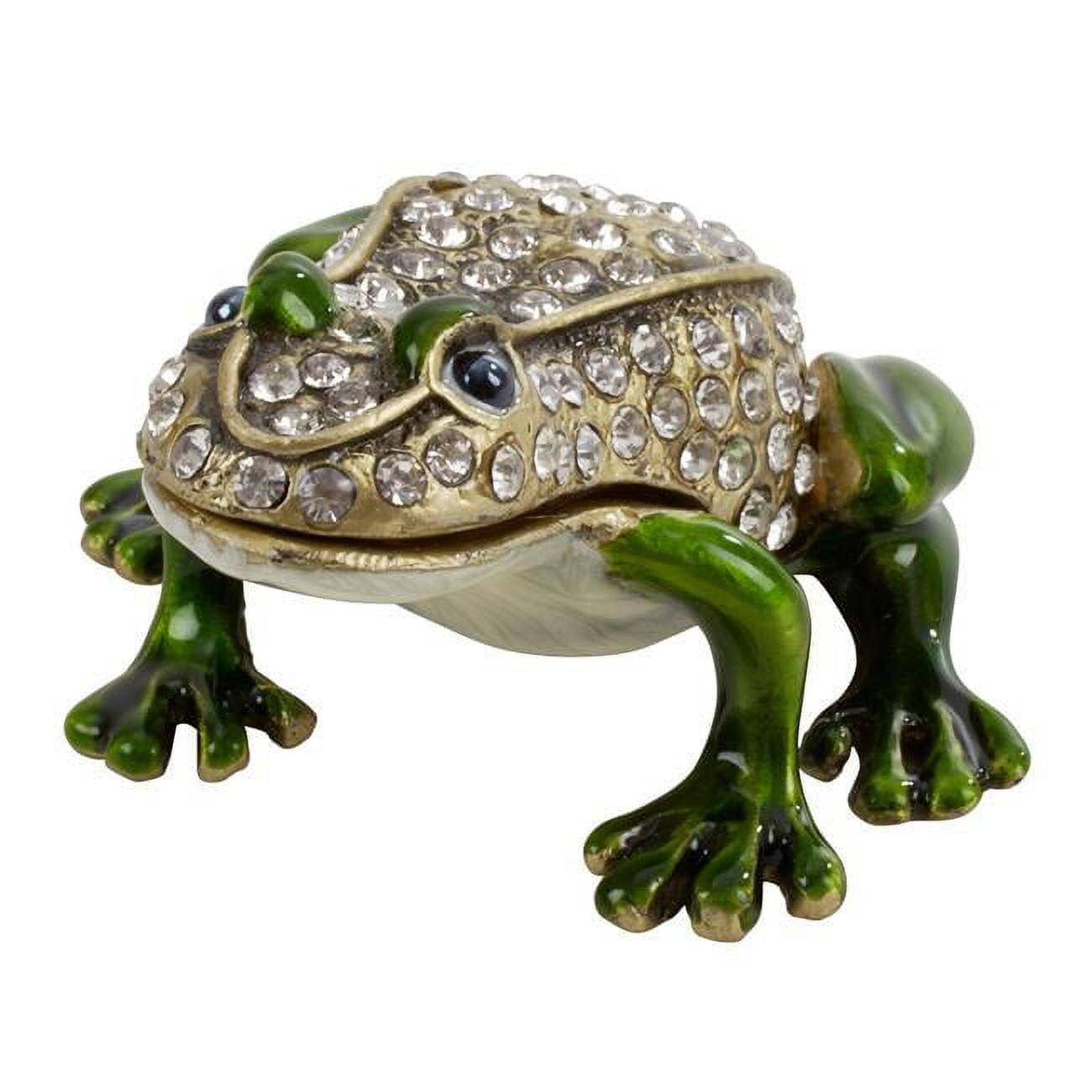 Jeweled Green Pewter Frog Figurine Box with Stone Ornaments